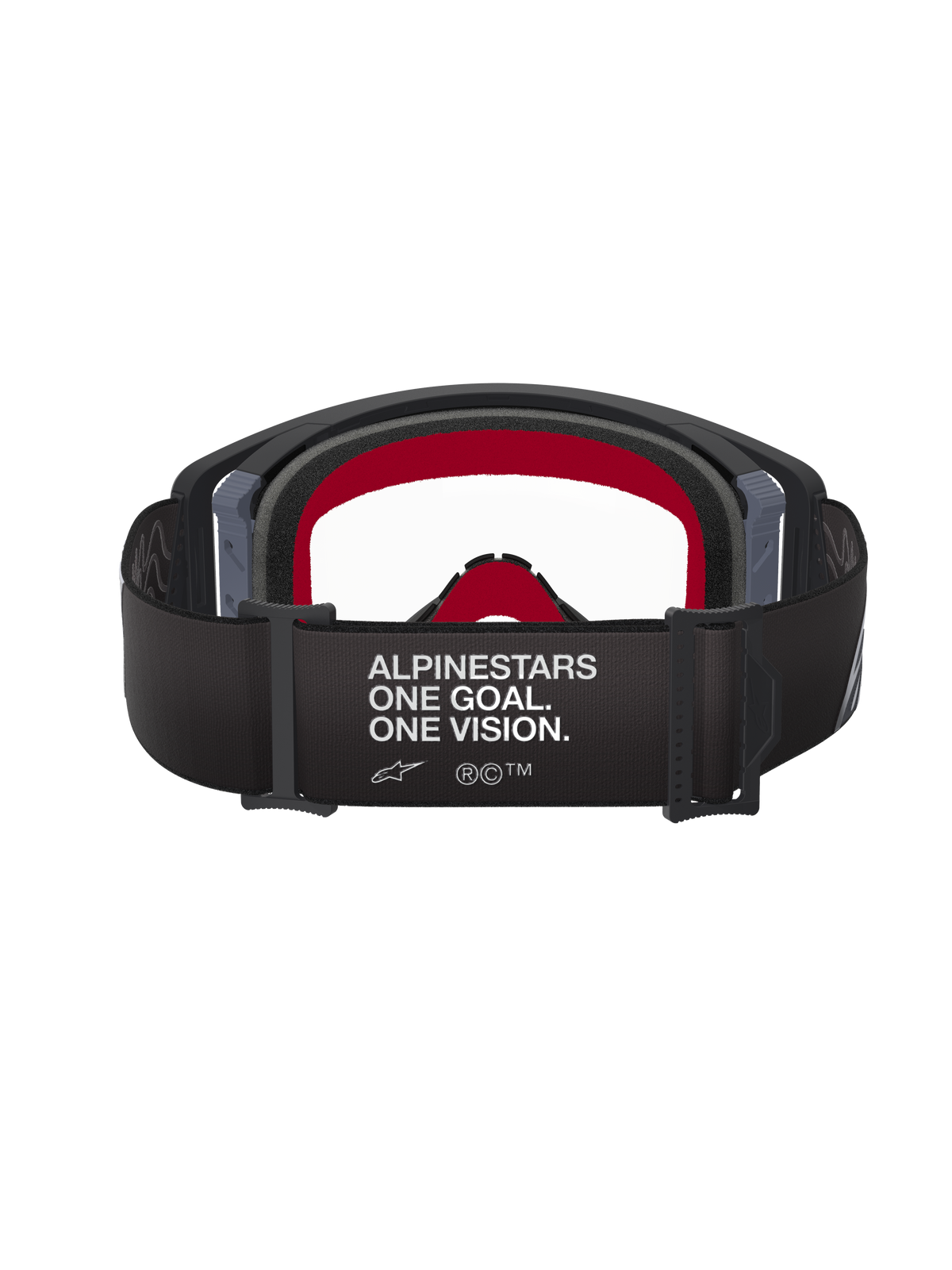 Óculos Alpinestars Supertech Corp, óculos de motocross, armação preta e cinzenta com lente transparente, vista traseira apresentando correia preta com slogan 'ALPINESTARS ONE GOAL. ONE VISION.' e espuma facial interna vermelha