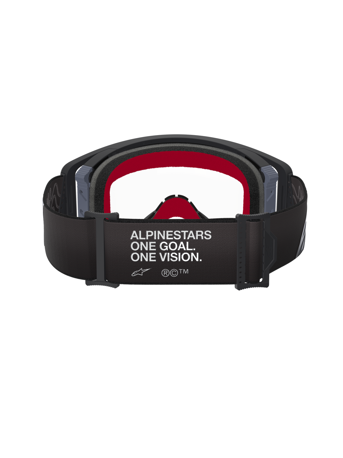 Óculos Alpinestars Supertech Corp, pretos e cinzentos, vista traseira que mostra a correia larga preta com o texto branco 'ALPINESTARS ONE GOAL. ONE VISION.', espuma facial interior vermelha e lente transparente, proteção ocular de alta performance para motocross