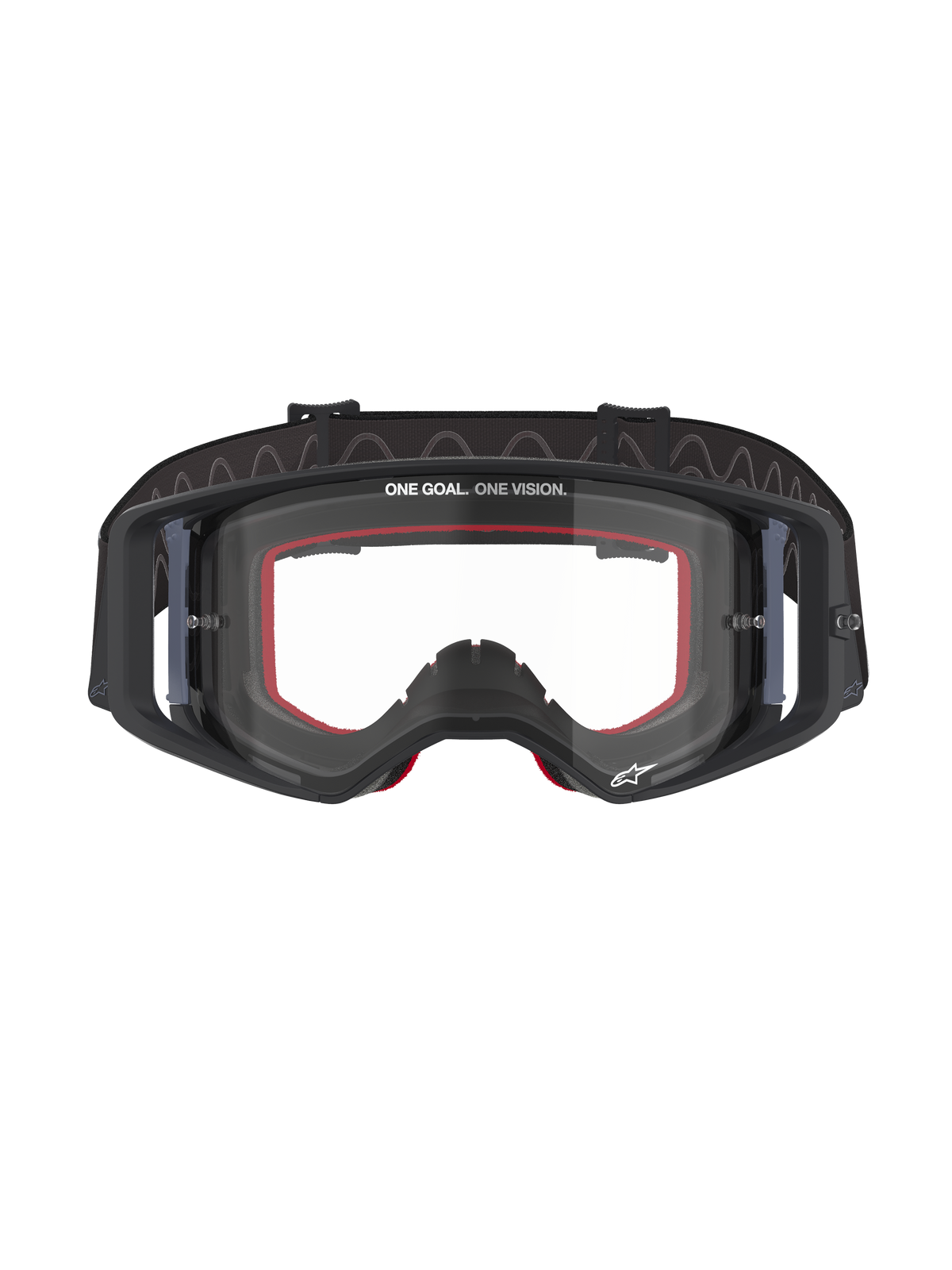 Óculos Alpinestars Supertech Corp, óculos de motocross, armação preta com lente transparente, com espuma facial interna vermelha, texto 'ONE GOAL. ONE VISION.' na parte superior da lente e fita preta com interior em silicone, óculos de corrida profissional para todo-o-terreno