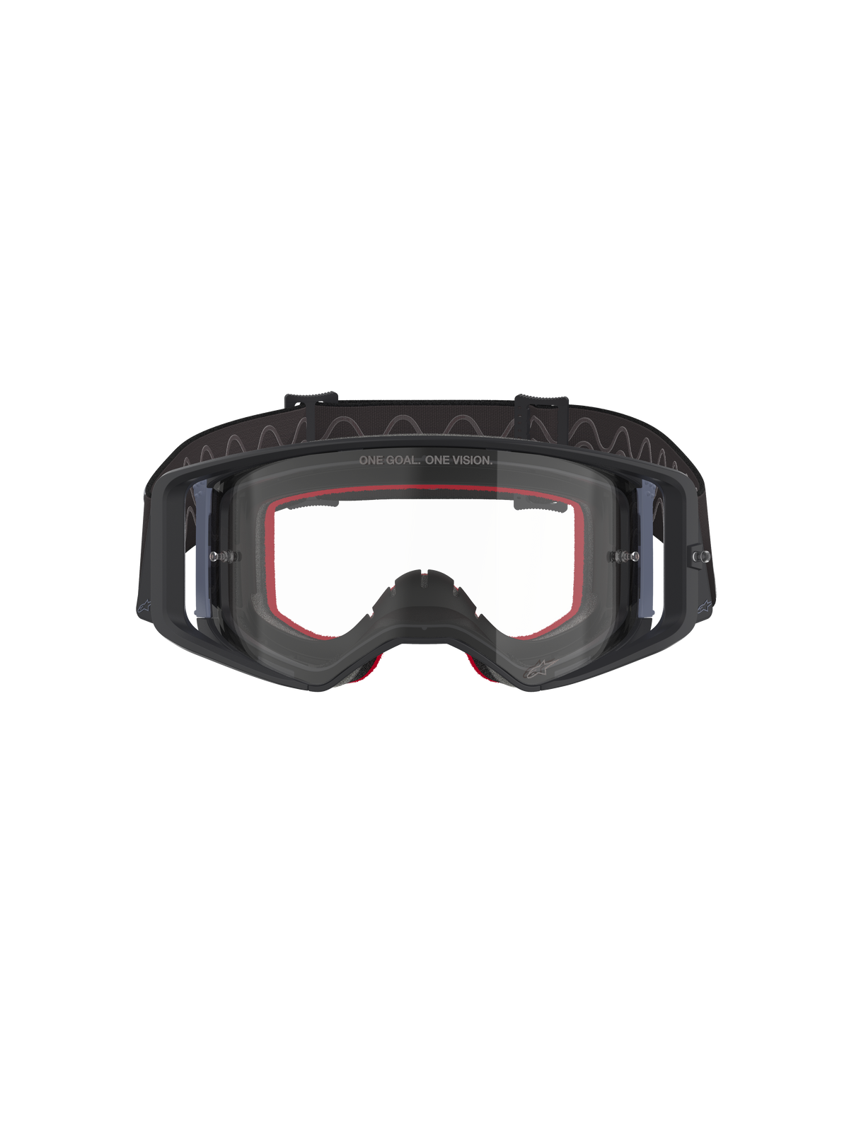 Óculos Alpinestars Supertech Corp, óculos de motocross, pretos e cinzentos com lente transparente, vista frontal com espuma interior vermelha e correia ajustável preta larga, óculos de alto desempenho para off-road