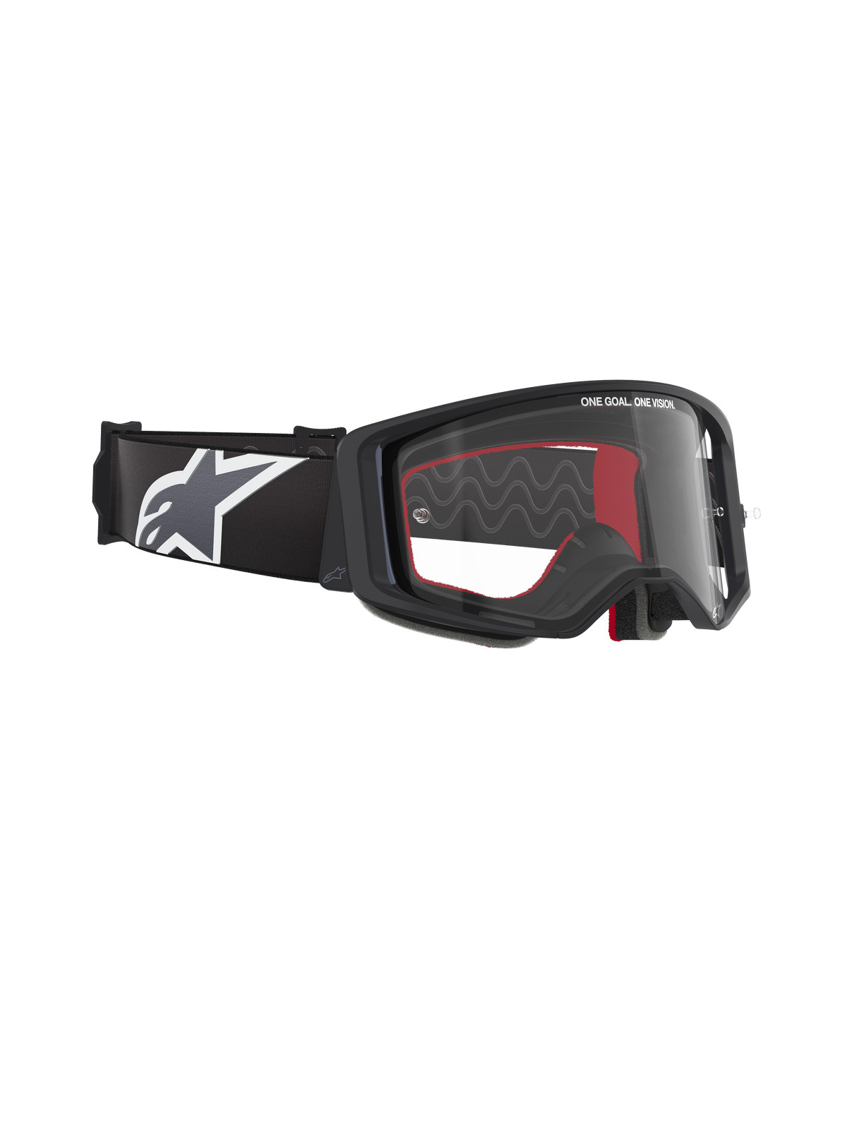 Alpinestars Supertech Corp Goggles, óculos de motocross, armação preta com lente transparente, fita preta ajustável com grande logótipo da estrela Alpinestars em branco, detalhes interiores em espuma vermelha, proteção ocular profissional para corridas todo-o-terreno