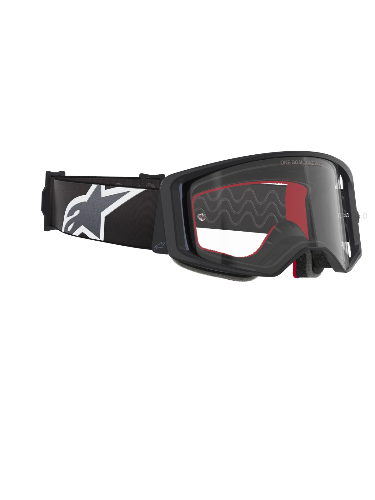 Óculos Alpinestars Supertech Corp, óculos de motocross, pretos, cinzentos e transparentes, com lente de policarbonato transparente, correia preta larga com logótipo Astars em cinzento e branco, espuma facial moldada em 3D, proteção ocular de alta performance para corridas off-road