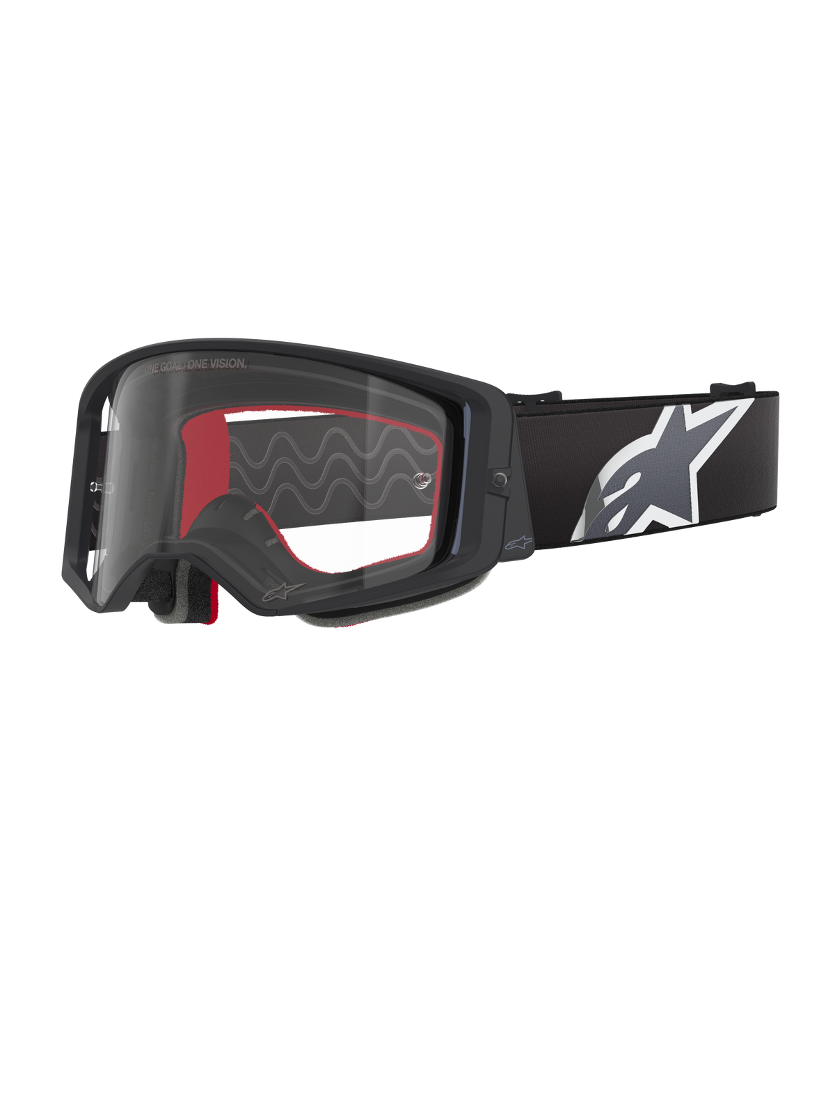Óculos Alpinestars Supertech Corp, óculos de motocross, preto, cinzento e transparente, lente de policarbonato transparente com armação preta, espuma facial interna vermelha, correia larga ajustável com logótipo Astars grande em branco e cinzento, óculos de proteção para off-road