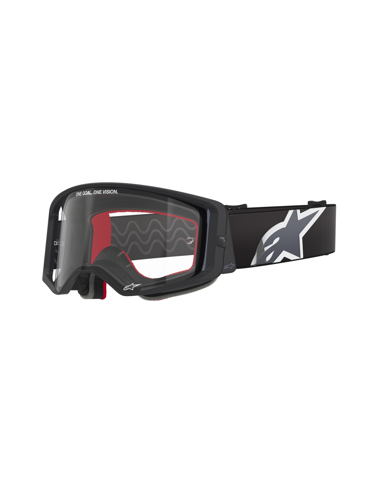 Óculos Alpinestars Supertech Corp, óculos de motocross, pretos com interior vermelho, lente transparente, correia preta com logótipo de estrela grande em branco, marca "ONE GOAL. ONE VISION.", óculos de performance para todo-o-terreno