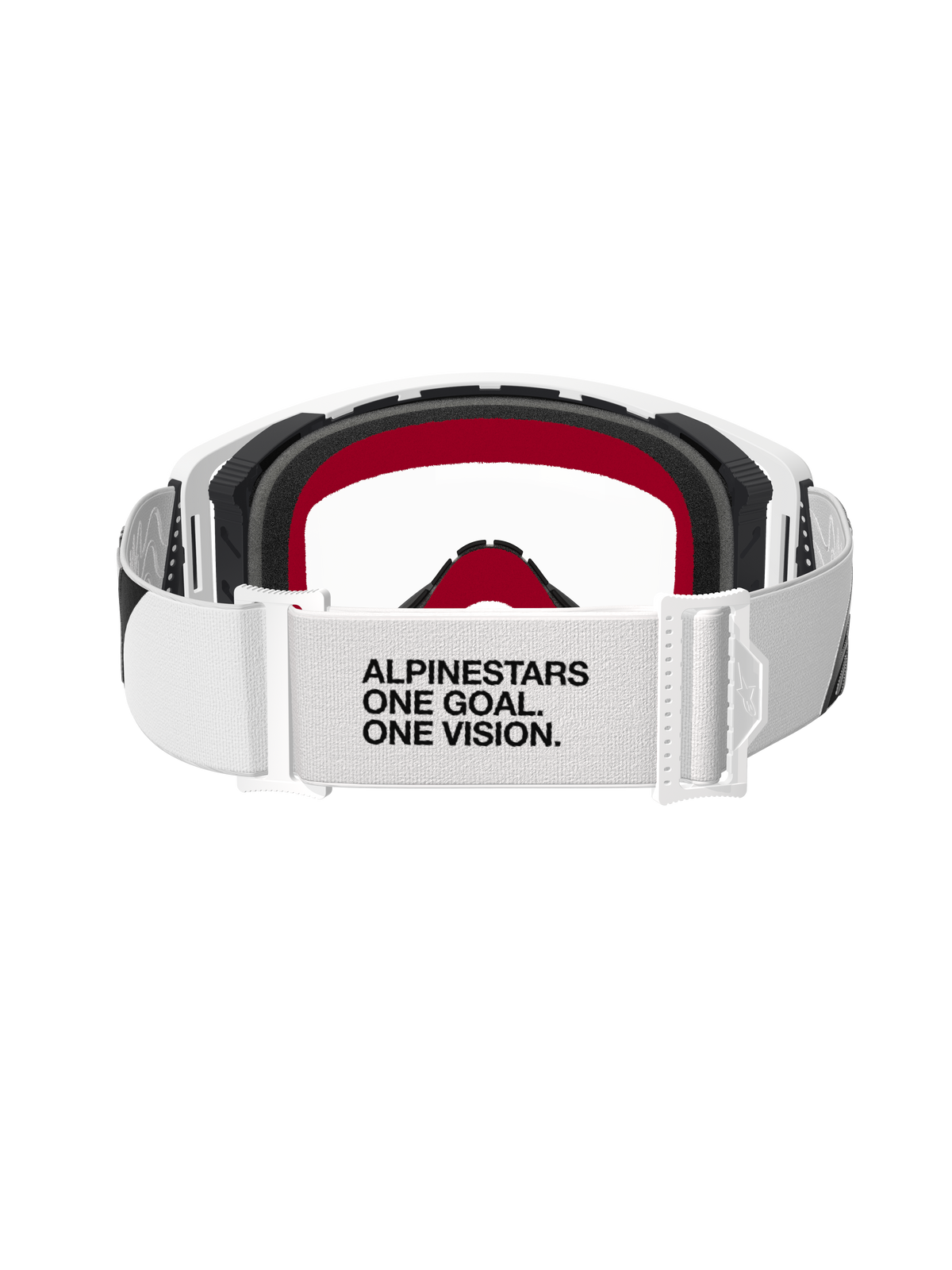 Alpinestars Supertech Corp Goggles, Motocross Goggles, White frame with Clear lens, rear view featuring white adjustable strap with black text 'ALPINESTARS ONE GOAL. ONE VISION.', black foam with red accents, high-performance off-road protective eyewear