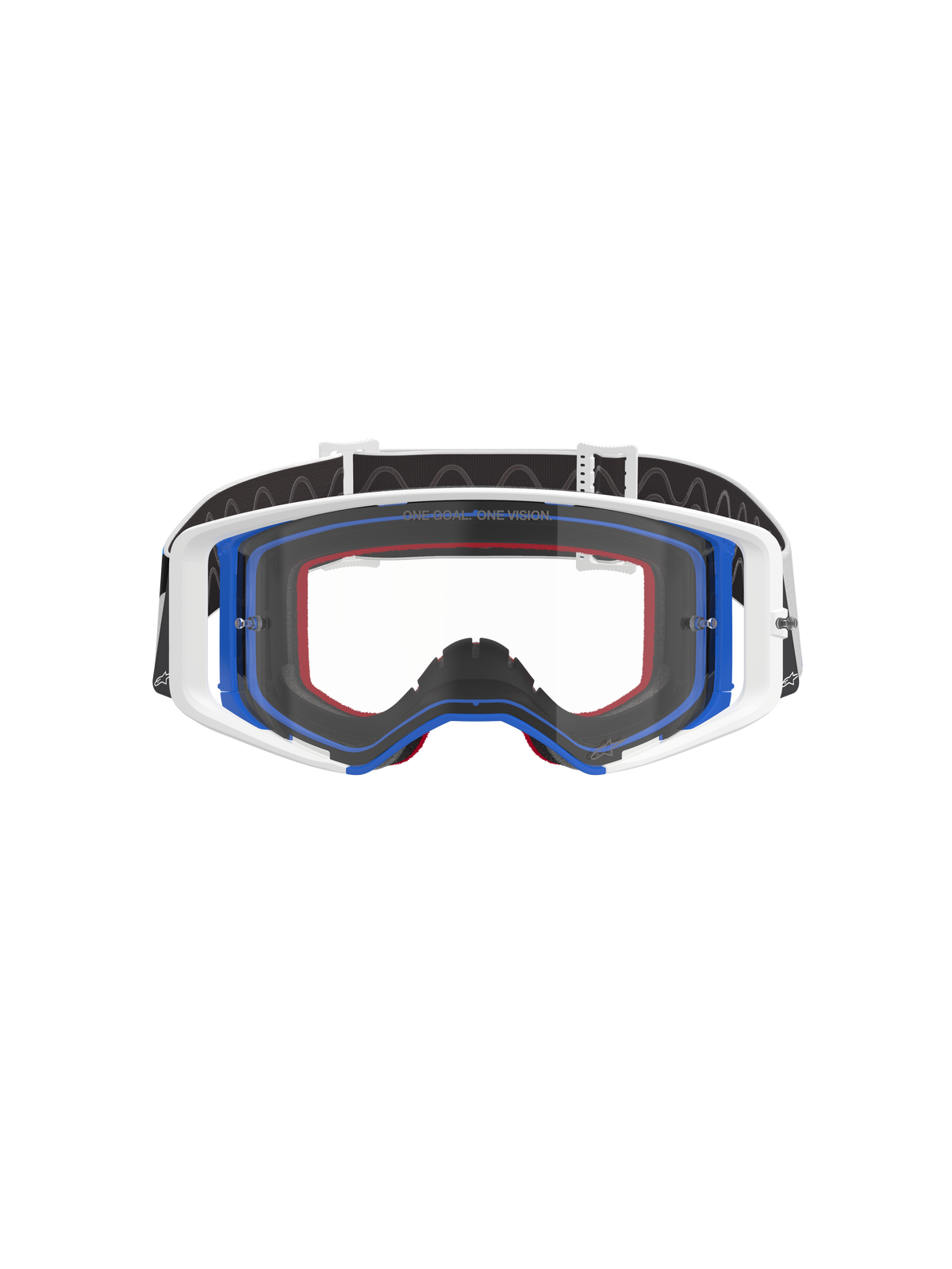 Óculos Alpinestars Supertech Corp, óculos de motocross, azul, branco e laranja com lente transparente, fita preta com logótipo branco, óculos profissionais para corridas off-road com amplo campo de visão e design de armação de dupla injeção