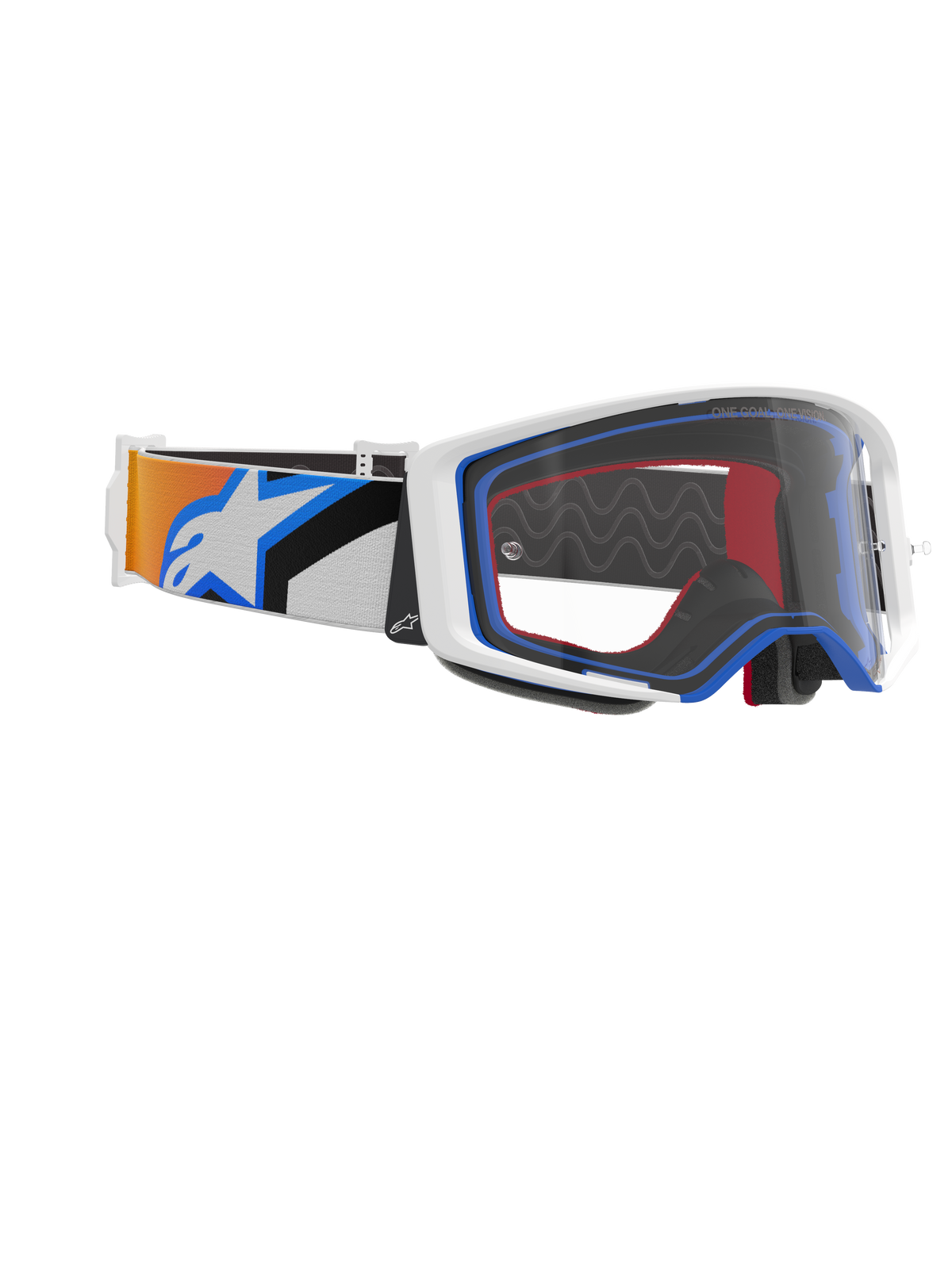 Óculos Alpinestars Supertech Corp, óculos de motocross, azul, laranja e transparente, vista lateral com lente transparente, armação branca com detalhes em azul e vermelho, correia larga com grafismos em laranja e azul e logótipo Alpinestars grande em branco