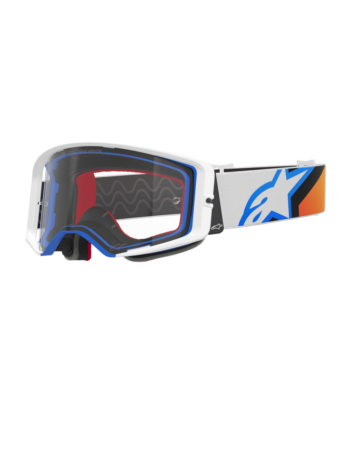 Óculos Alpinestars Supertech Corp, óculos de motocross, azuis, cor de laranja e brancos, lente transparente com armação branca e detalhes azuis, correia larga com o logótipo da estrela Alpinestars e aderência de silicone, proteção ocular de alta performance para corridas off-road