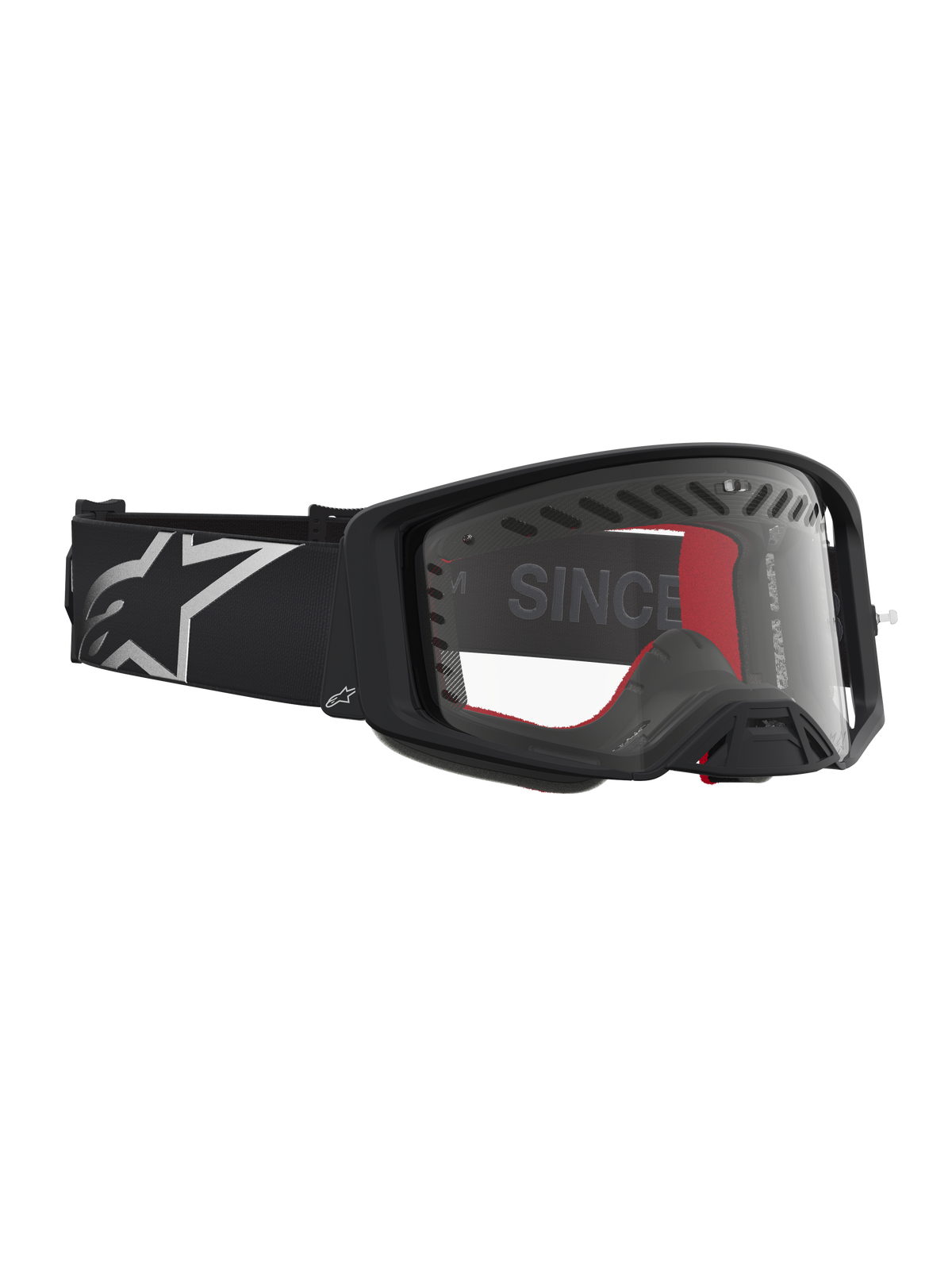 Alpinestars Supertech Dura Air Fluid Goggles, black and silver MX racing goggles with a clear polycarbonate lens.