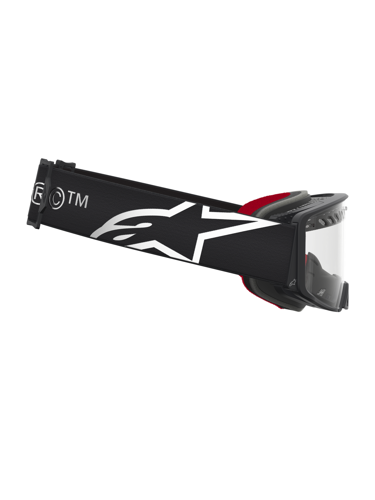 Alpinestars Supertech Dura Air Fluid Goggles, Motocross Racing Goggles, Black and Silver, clear lens with branded logo strap.