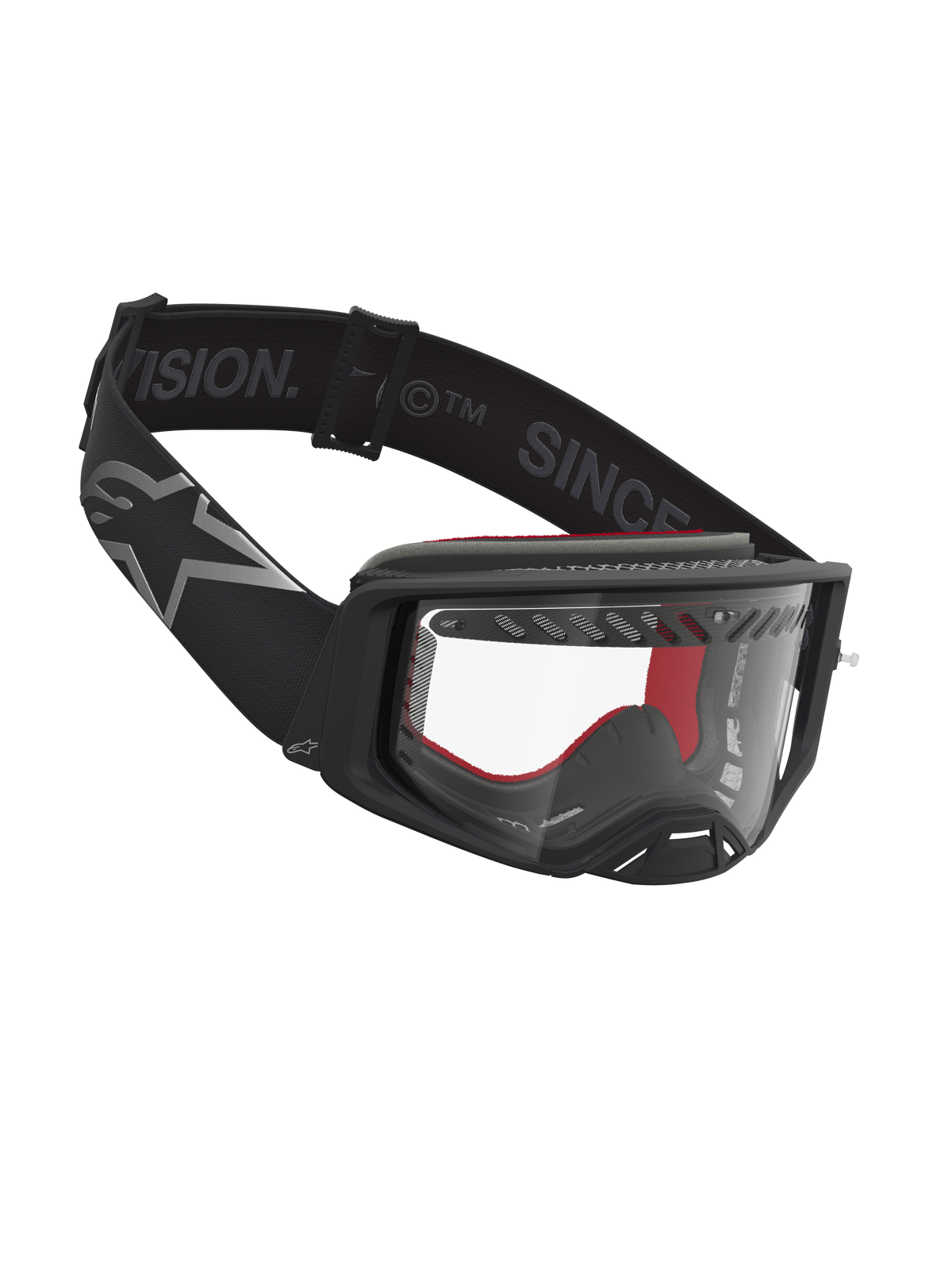 Alpinestars Supertech Dura Air Fluid Goggles, professional motocross goggles in black and silver with a clear polycarbonate lens.