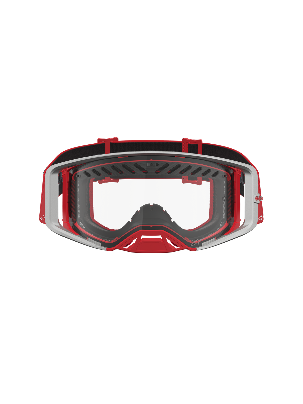 Alpinestars Supertech Dura Air Fluid Goggles, Red and Silver professional motocross goggles with clear polycarbonate lens.