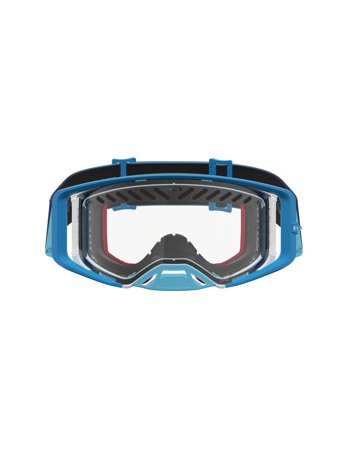 Alpinestars Supertech Dura Air Fluid Goggles in blue fade and grey for motocross with a clear, high-grade lens.