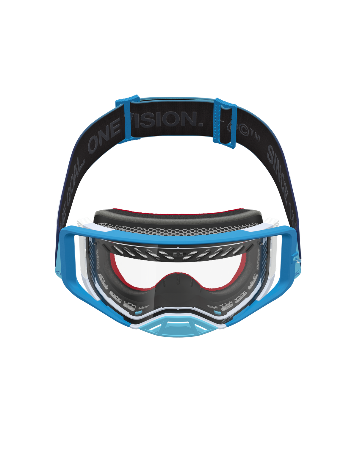 Alpinestars Supertech Dura Air Fluid Goggles in blue and white, with a clear lens and branded strap for motocross racing.