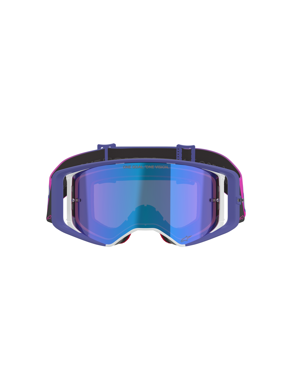 Óculos Alpinestars Supertech Vision Vista, óculos de motocross, roxo, rosa fluo e azul espelhado, vista frontal com lente de tonalidade azul espelhada, armação roxa com detalhes em branco e fita vibrante em rosa e preto com o logótipo Alpinestars