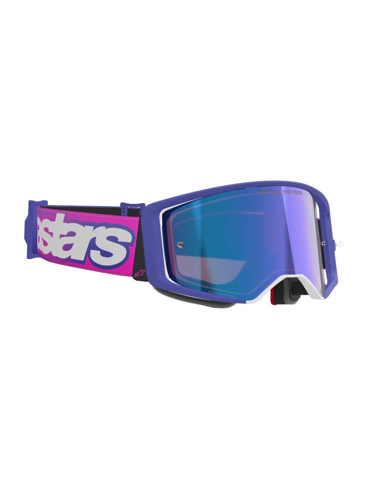 Óculos Alpinestars Supertech Vision Vista, óculos de motocross, armação roxa e rosa fluorescente com lente espelhada azul refletora, cinta rosa com a marca Alpinestars em destaque a branco, óculos de proteção profissional para todo-o-terreno