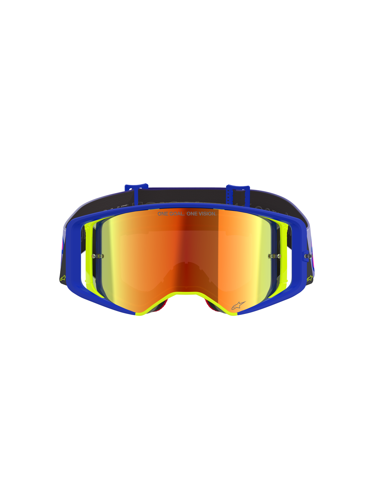 Alpinestars Supertech Vision Vista Goggles, Motocross Goggles, Blue and Yellow frame with a Mirror Red tinted lens, featuring purple and orange reflections, 'ONE GOAL. ONE VISION.' text on the lens, professional high-performance off-road eyewear