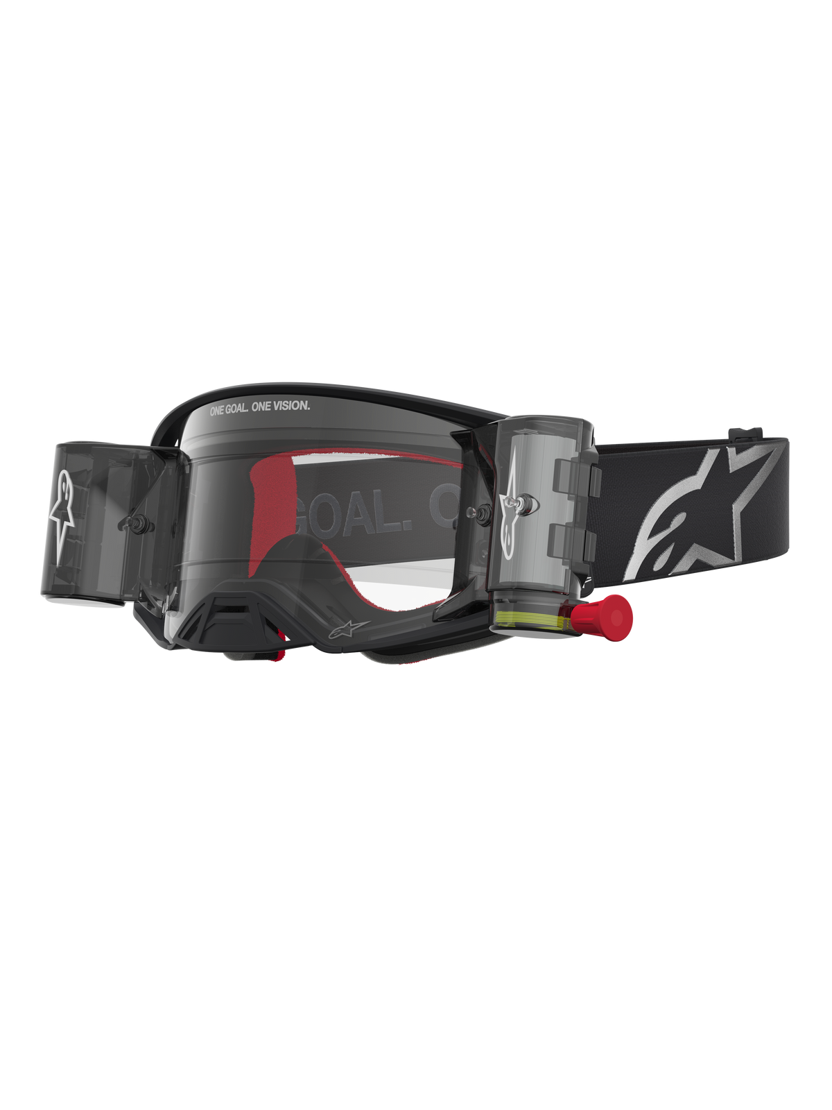 Alpinestars Supertech Firma Roll Off Goggles, premium motocross racing eyewear in black and silver, featuring a clear lens and integrated roll-off system for superior off-road visibility.