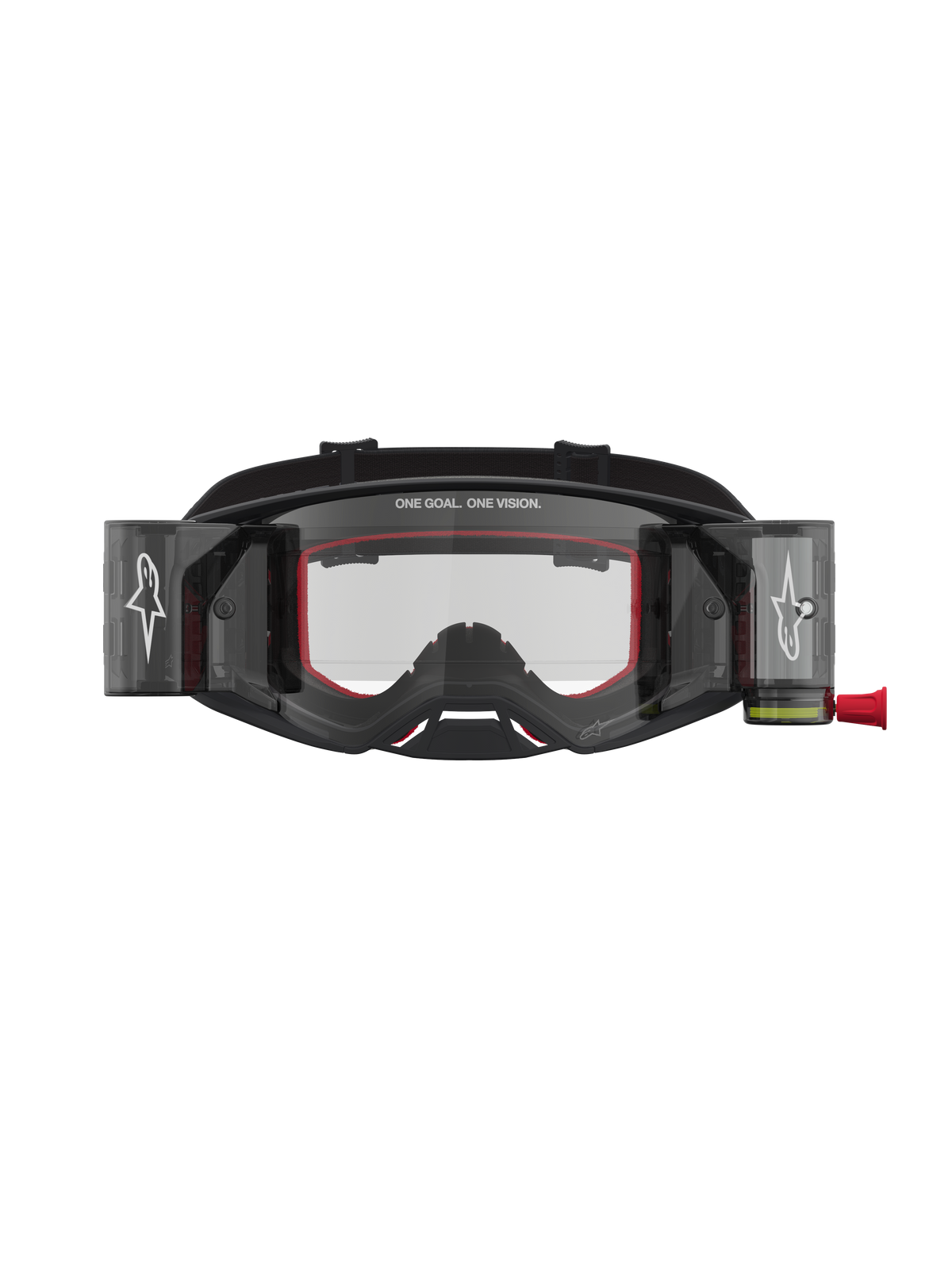 Alpinestars Óculos Supertech Firma Roll Off, óculos de motocross para competição, pretos e prateados com pormenores vermelhos, sistema Roll-Off e lente transparente