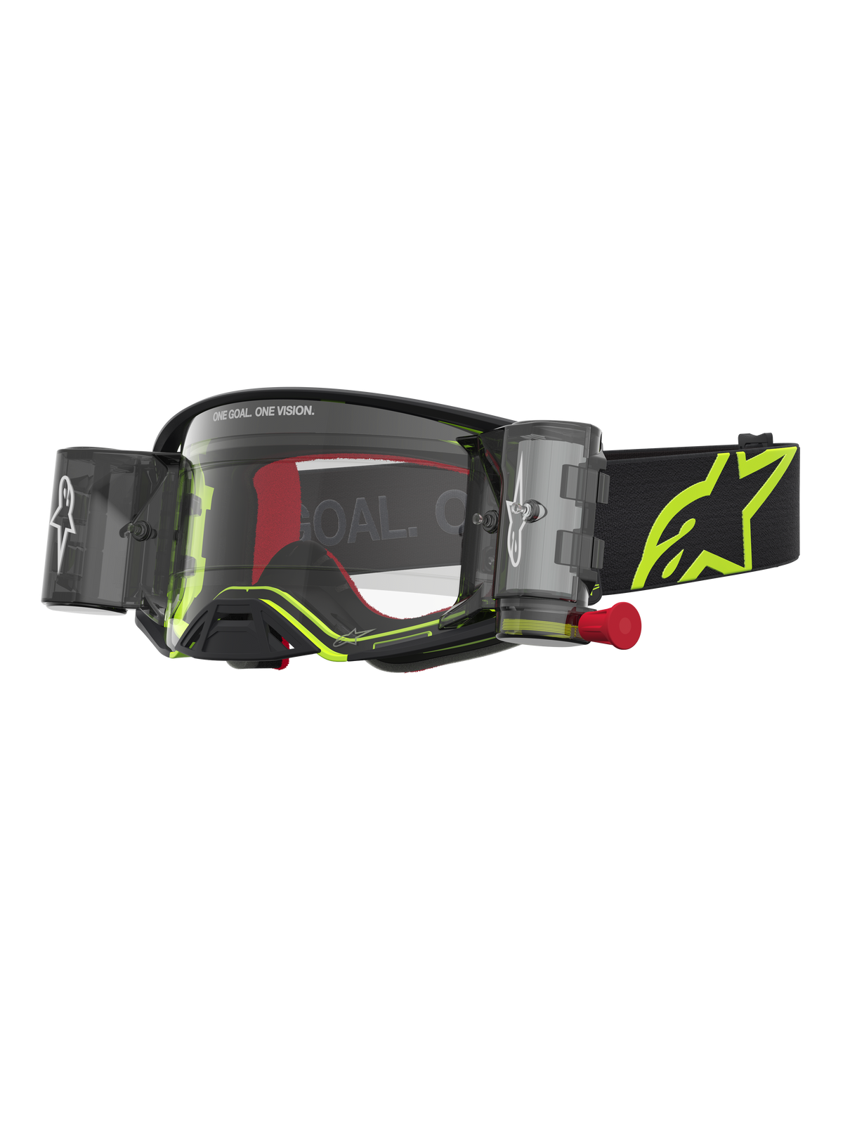 Alpinestars Supertech Firma Roll Off, óculos de motocross pretos e amarelo fluo com sistema roll-off e lente transparente.