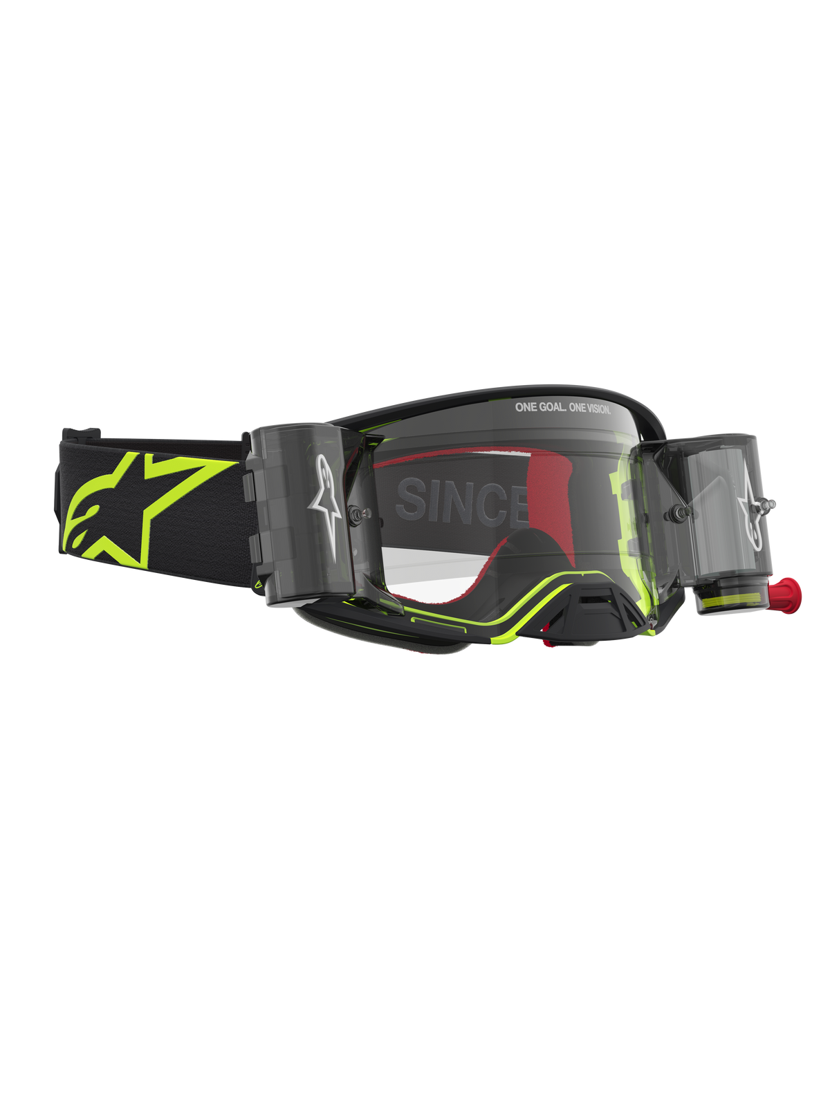 Alpinestars Supertech Firma Roll Off, óculos de motocross pretos e amarelos fluo, sistema roll-off e lente transparente.