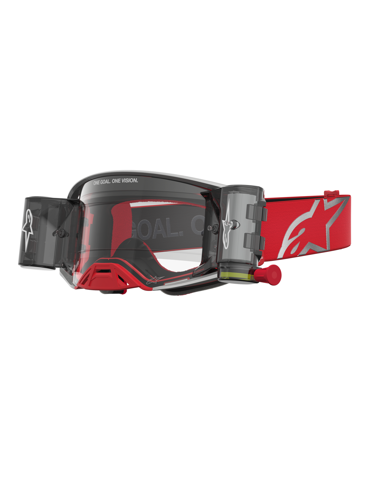 Alpinestars Supertech Firma Roll Off, óculos de motocross vermelhos e prateados com sistema roll-off e lentes transparentes.