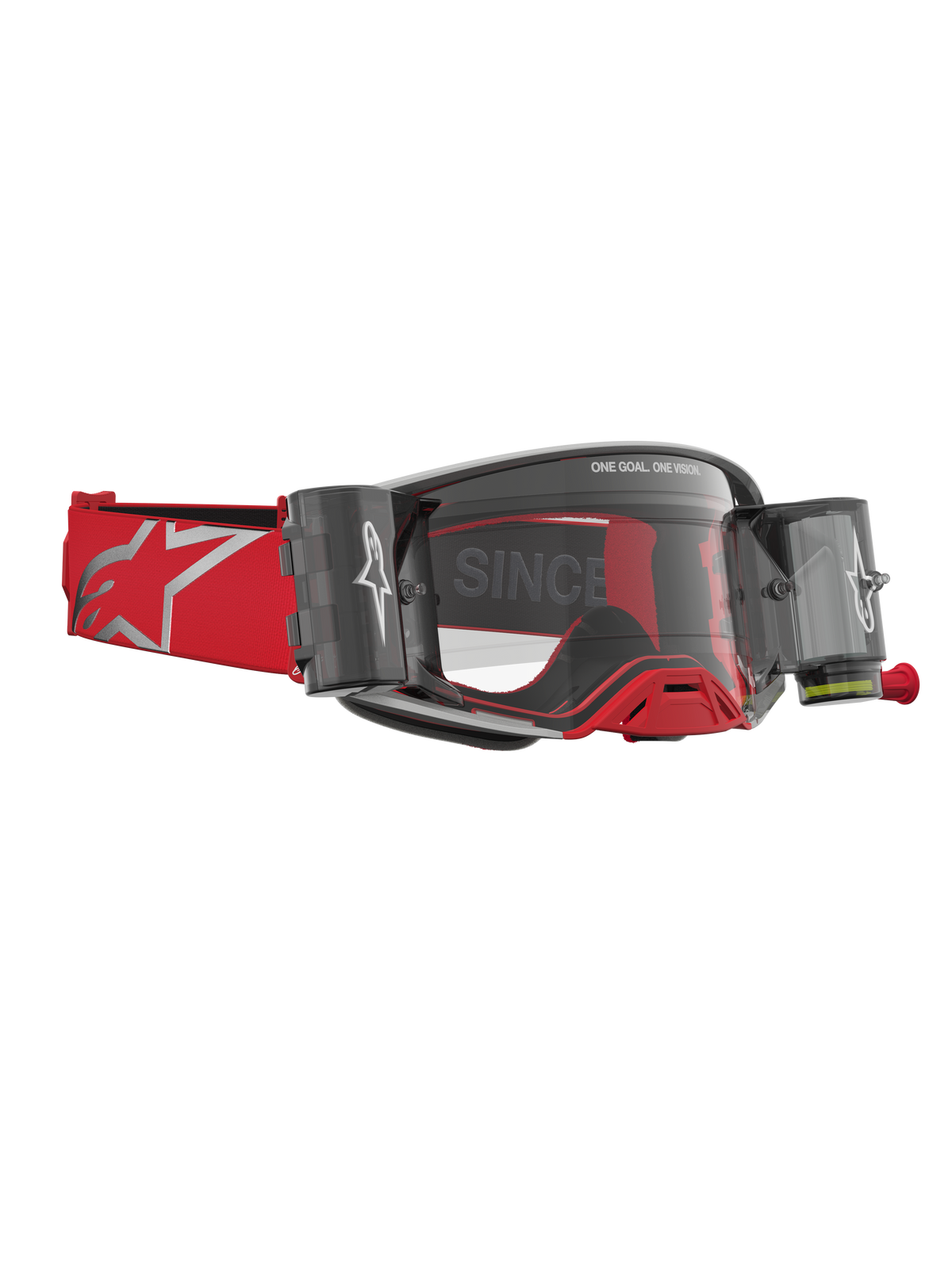 Alpinestars Supertech Firma Roll Off, óculos de motocross vermelhos e prateados com sistema roll-off para visão clara.