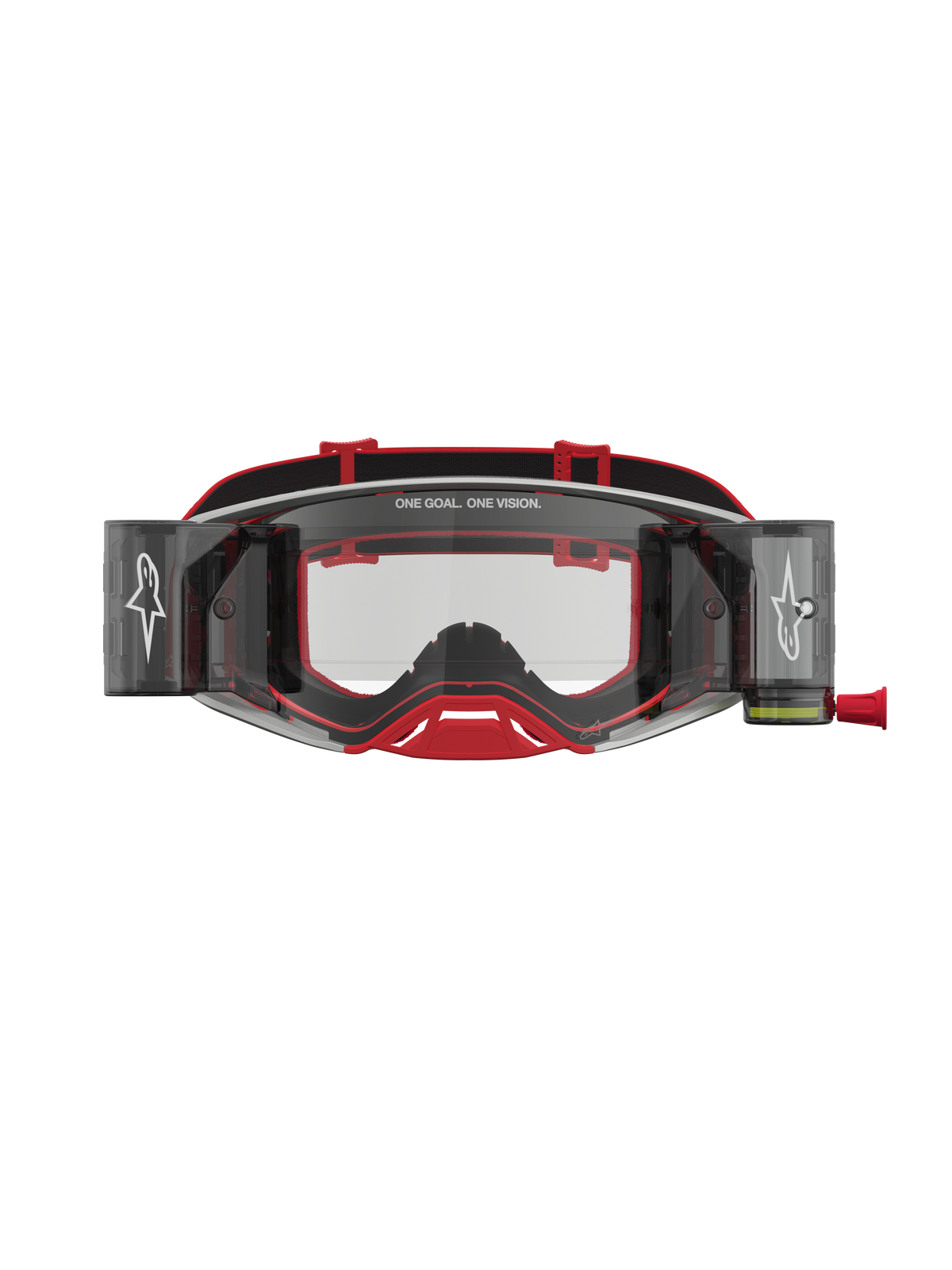 Alpinestars óculos Supertech Firma Roll Off, óculos de motocross vermelhos e prateados com lentes transparentes e sistema roll-off integrado para competições off-road.