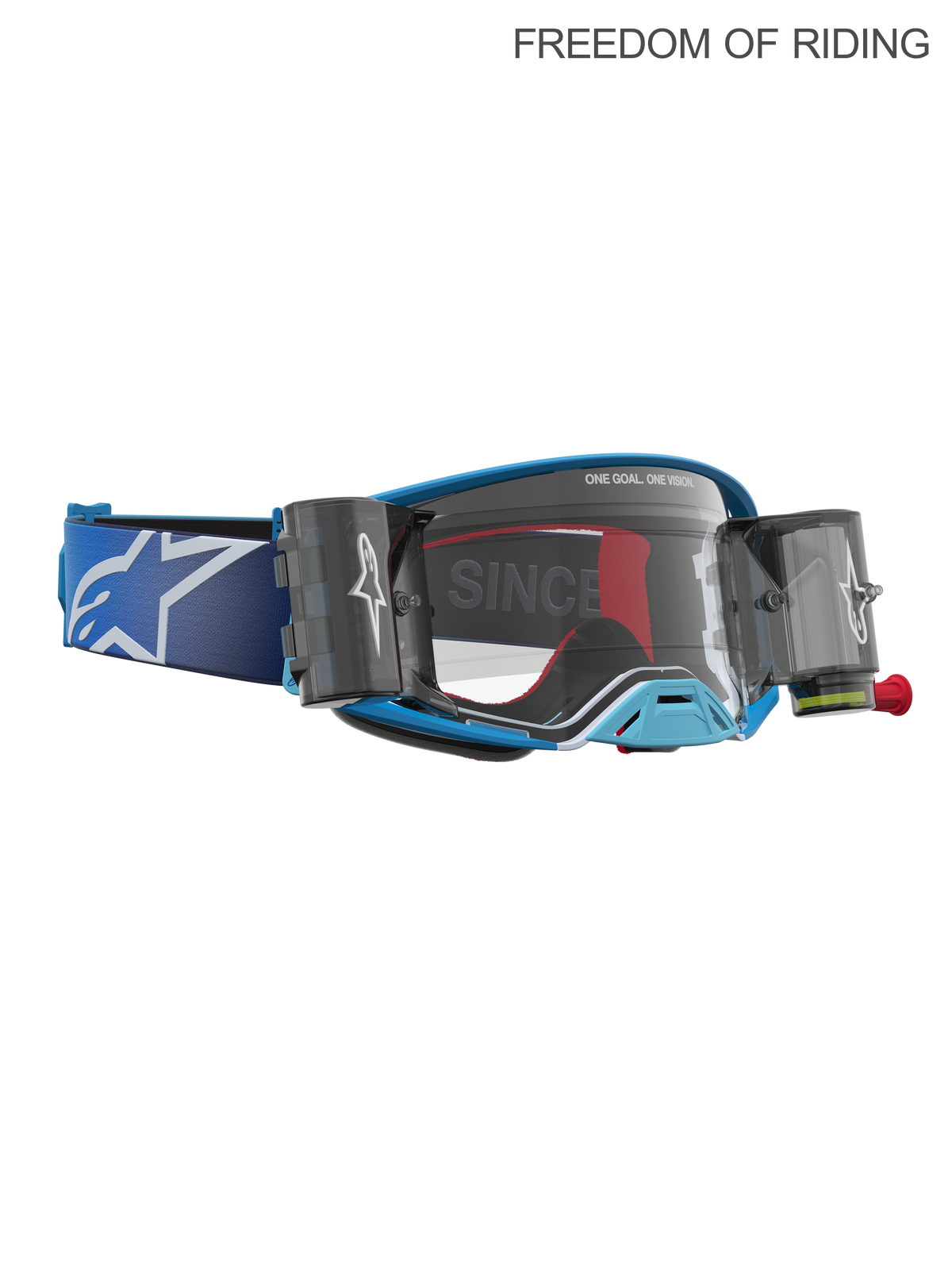 Alpinestars Óculos Supertech Firma Roll Off, óculos de motocross e off-road unissexo, azuis e prateados, lente transparente, sistema roll-off integrado para máxima visibilidade em lama e poeira, correia com logótipo Astars.