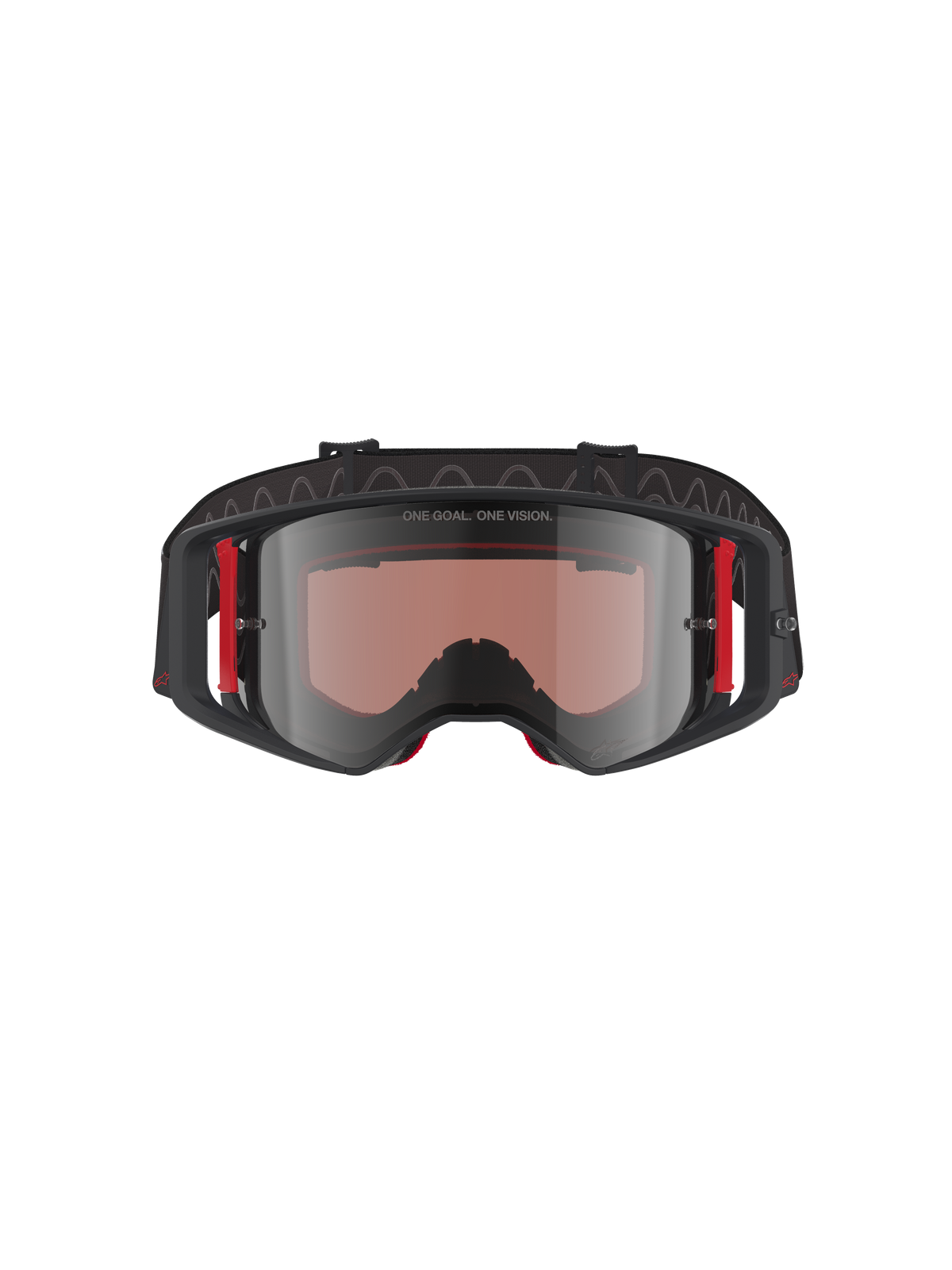 Óculos Alpinestars Supertech Corp Absolute Vision, óculos de motocross, armação em preto e vermelho com lente espelhada prateada, com o texto 'ONE GOAL. ONE VISION.' na parte superior da armação e detalhes laterais em vermelho, proteção ocular de nível profissional para motocross