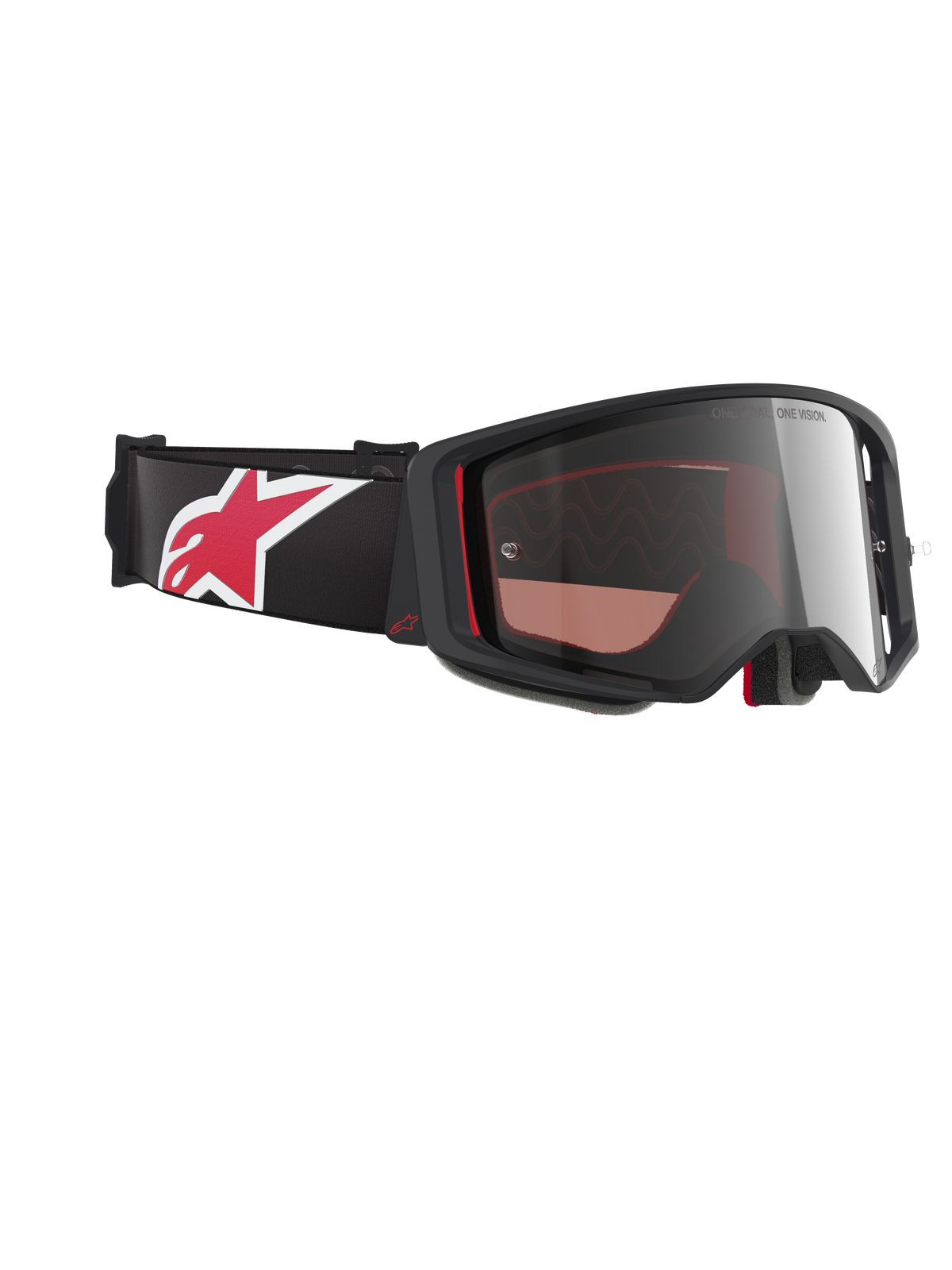 Óculos Alpinestars Supertech Corp Absolute Vision, óculos de motocross, pretos e vermelhos com lente prateada espelhada, perfil angulado mostrando a correia preta com logótipo de estrela grande em vermelho e branco, design de armação aerodinâmico para performance em todo-o-terreno