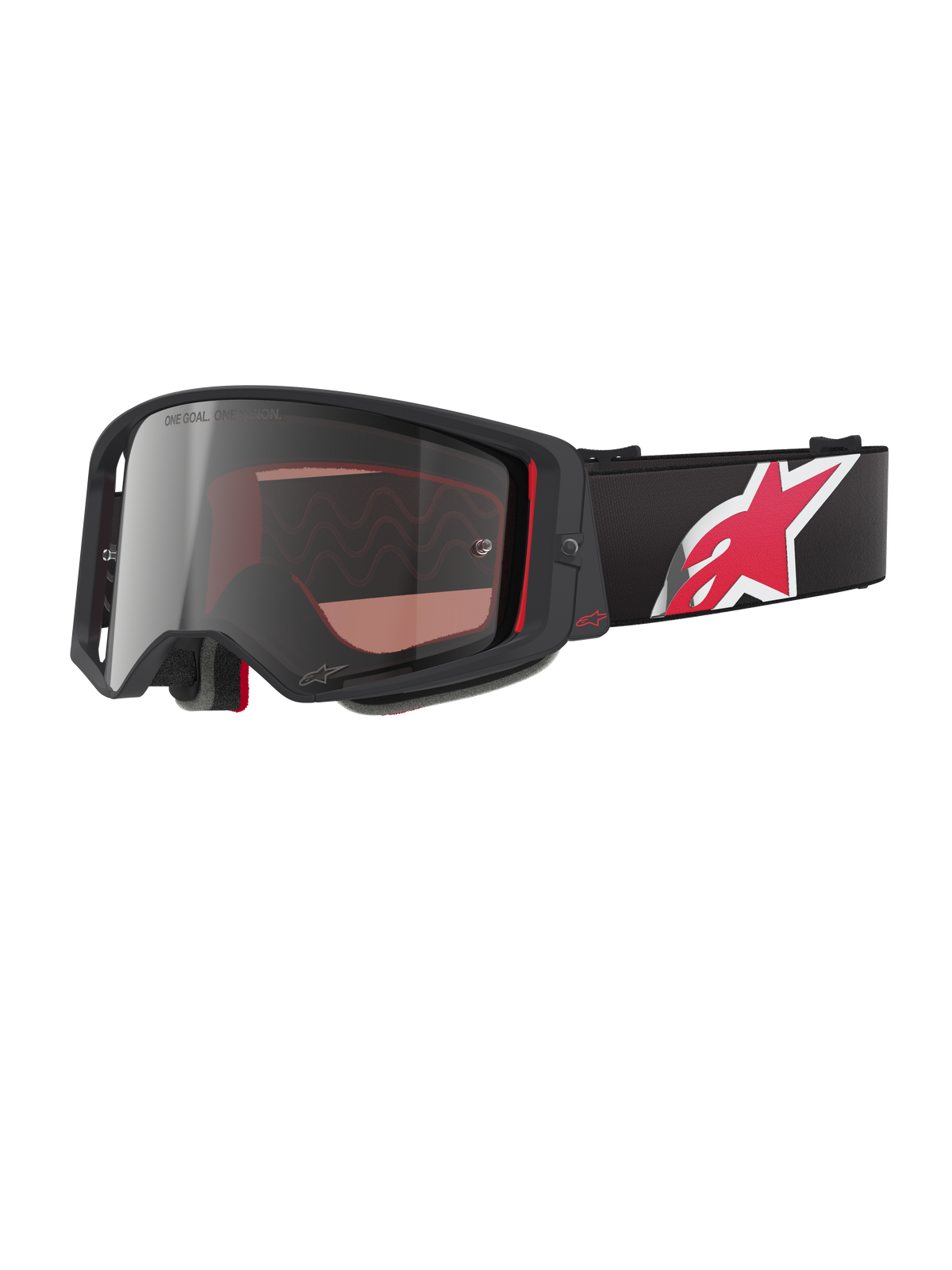 Alpinestars Supertech Corp Goggles Absolute Vision, óculos de motocross, pretos e vermelhos com lente prateada espelhada, com a inscrição "ONE GOAL. ONE VISION.", fita preta com logótipo de estrela grande em vermelho e branco, design de armação angular com almofadas de espuma, proteção ocular premium para todo-o-terreno