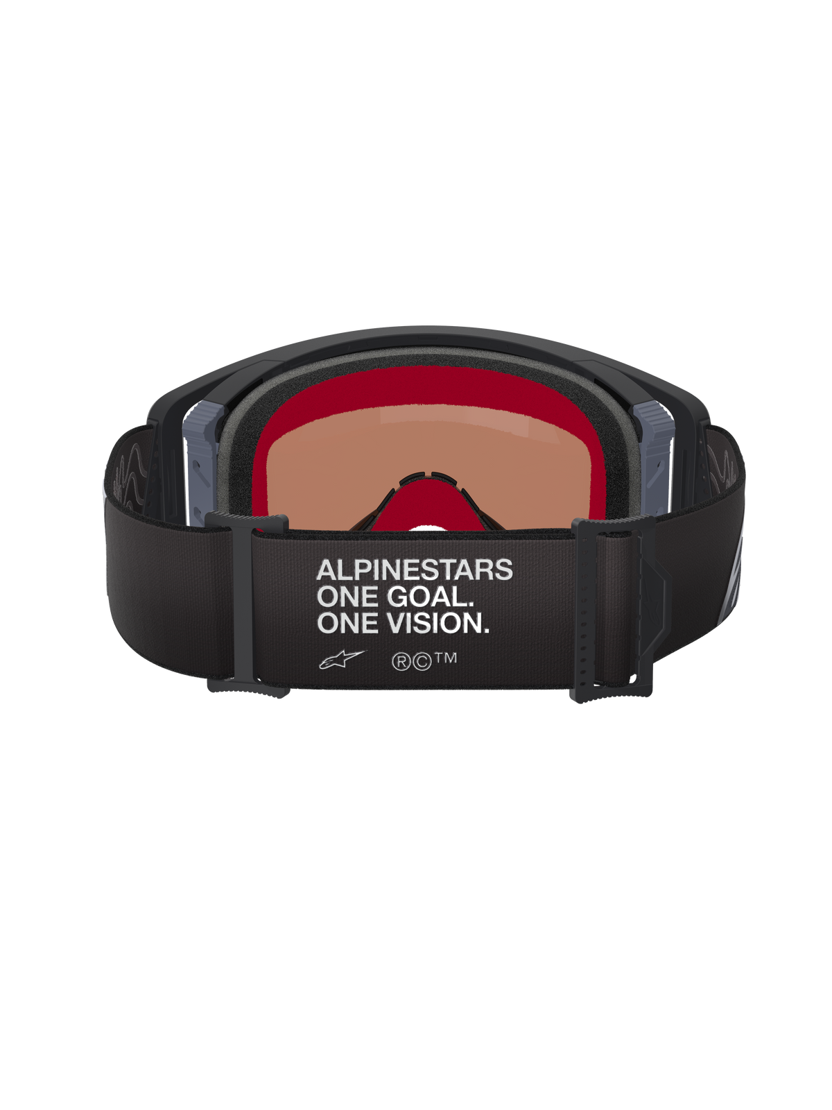 Óculos Alpinestars Supertech Corp Absolute Vision, óculos de motocross, preto e cinzento, vista traseira mostrando a correia ajustável preta com o texto branco 'ALPINESTARS ONE GOAL. ONE VISION.', lente com tonalidade quente e espuma facial multicamada.