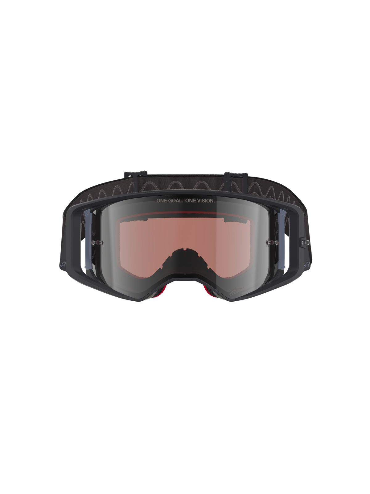Óculos Alpinestars Supertech Corp Absolute Vision, óculos de motocross, pretos e cinzentos com lente espelhada prateada, com o texto "ONE GOAL. ONE VISION." na lente, lente de policarbonato de visão ampla, proteção ocular de alto desempenho para corridas todo-o-terreno