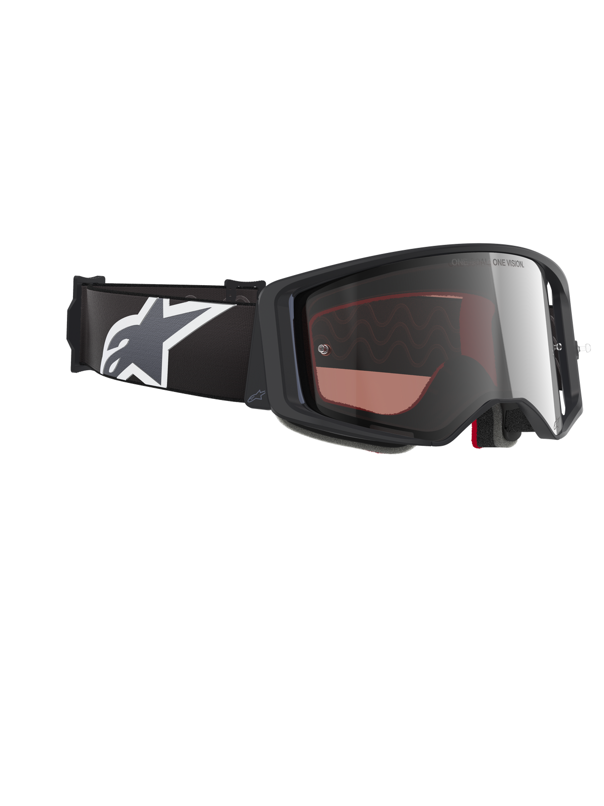 Alpinestars Supertech Corp Goggles Absolute Vision, óculos de motocross, armação preta e cinzenta com lente Mirror Silver, fita larga preta com o logótipo Astars em branco e cinzento, óculos de performance para corridas todo-o-terreno