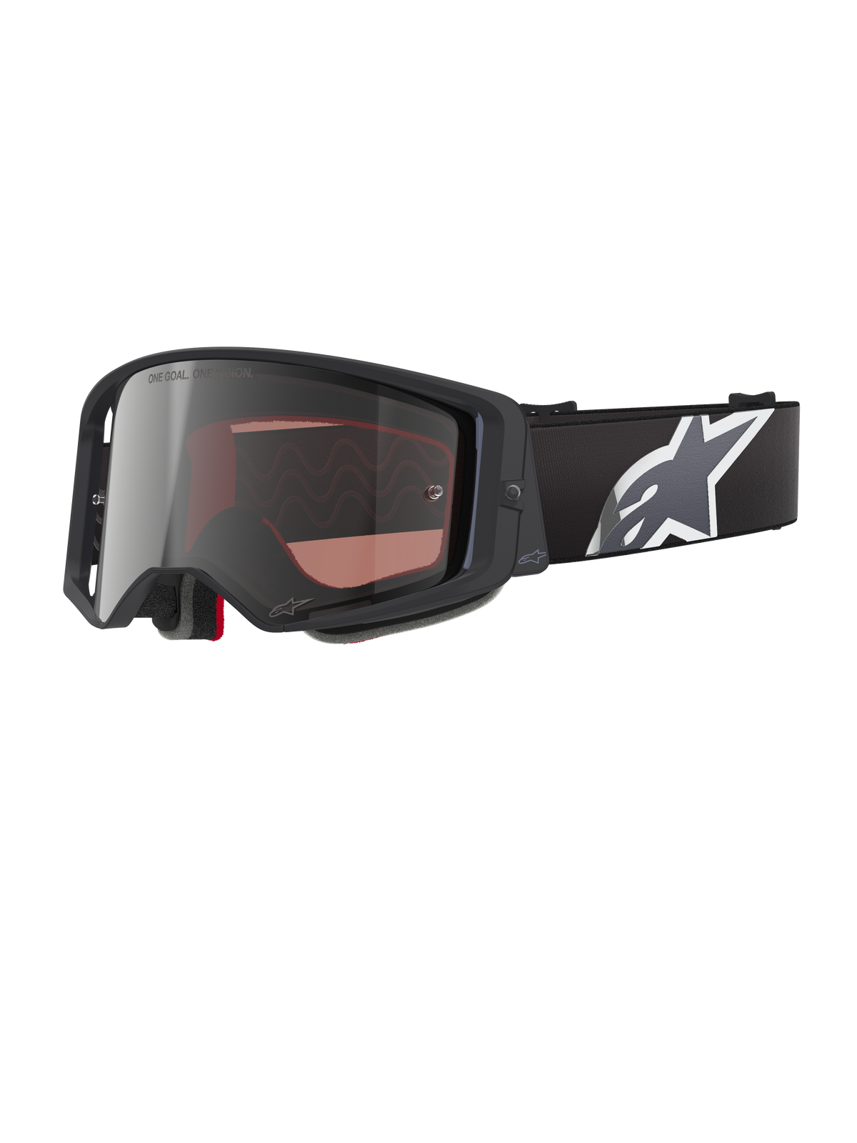 Alpinestars Supertech Corp Goggles Absolute Vision, óculos de motocross, pretos e cinzentos com lente prateada espelhada, com uma estrutura angular, fita preta ajustável com logótipo de estrela branco proeminente e espuma facial multicamada para performance em todo-o-terreno