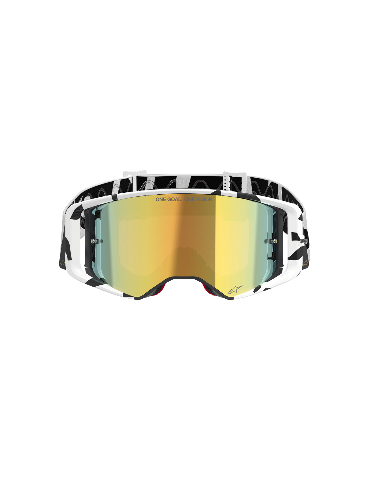 Alpinestars Supertech Corp Goggles Absolute Vision, óculos de motocross, branco e dourado espelhado, com armação e fita com grafismo em preto e branco, lente espelhada dourada com o texto 'ONE GOAL. ONE VISION.', proteção ocular de alta performance para todo-o-terreno