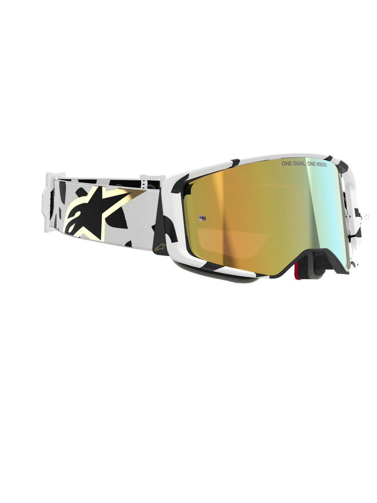 Alpinestars Supertech Corp Goggles Absolute Vision, óculos de motocross, armação branca com padrões gráficos pretos, lente Gold Mirror, fita branca e preta com logótipo Alpinestars dourado, proteção ocular de alta performance para competição
