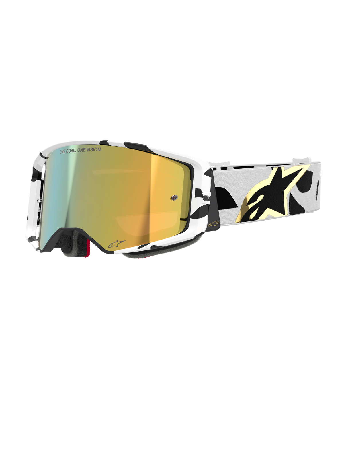 Alpinestars Supertech Corp Goggles Absolute Vision, óculos de motocross, armação com padrão branco e preto e lente espelhada dourada, correia larga com design abstrato preto e logótipo Alpinestars dourado, marca "ONE GOAL. ONE VISION." na lente, equipamento de corrida de alto desempenho.