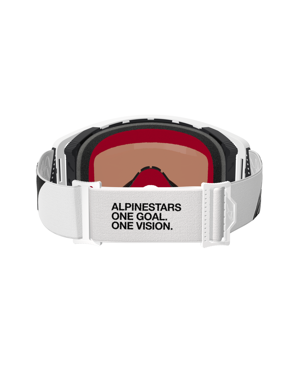Alpinestars Supertech Corp Goggles Absolute Vision, Motocross Goggles, White and Silver Mirror, rear view showing white strap with 'ALPINESTARS ONE GOAL. ONE VISION.' text, multi-layer face foam, and sleek white frame design