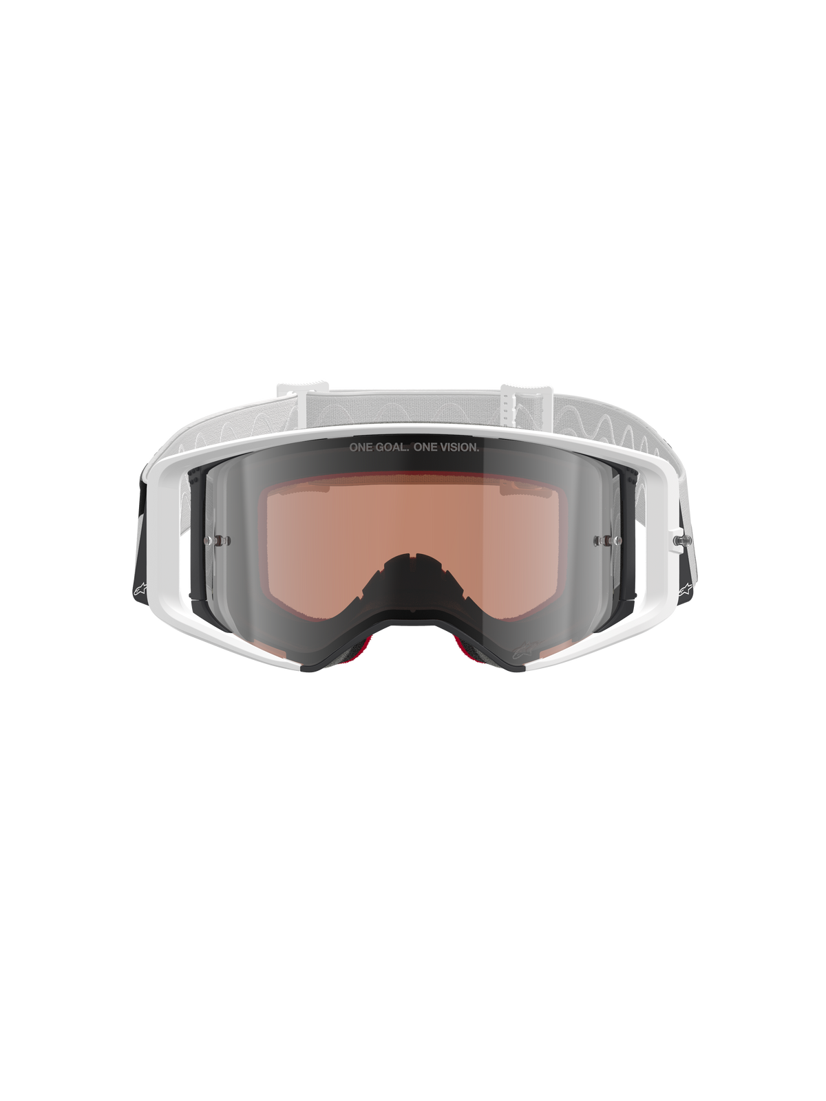Alpinestars Supertech Corp Goggles Absolute Vision, Motocross Goggles, White and Mirror Silver, front view featuring a white frame and silver mirrored lens with "ONE GOAL. ONE VISION." text, adjustable white strap with Alpinestars logo, high-performance protective eyewear for off-road racing