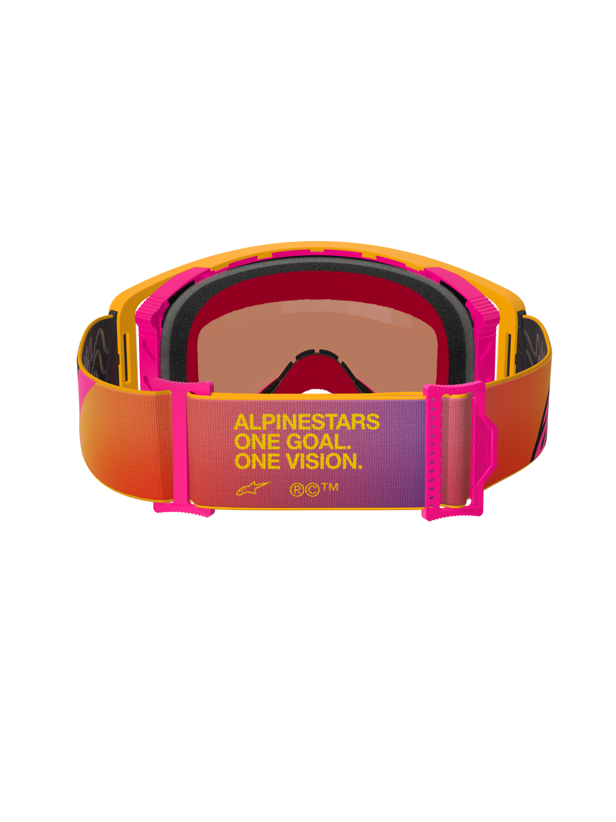 Alpinestars Supertech Corp Goggles Absolute Vision, óculos de motocross, armação amarela e cor-de-rosa com correia em degradê multicolorido, vista traseira mostrando espuma facial preta multicamadas e o texto 'ALPINESTARS ONE GOAL. ONE VISION.', proteção ocular de alta performance para todo-o-terreno