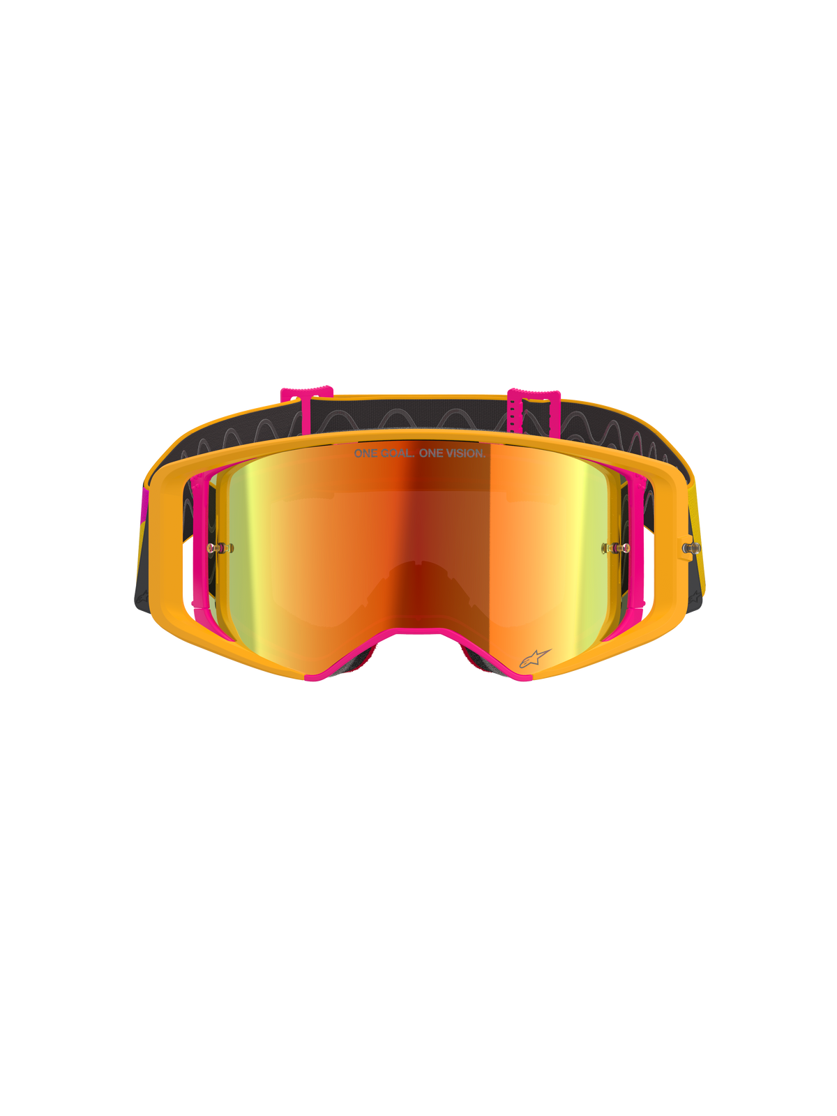 Óculos Alpinestars Supertech Corp Absolute Vision, óculos de motocross, armação amarela e rosa com lente espelhada vermelha, vista frontal, com o texto 'ONE GOAL. ONE VISION.' na lente, fita preta ajustável com tração de silicone