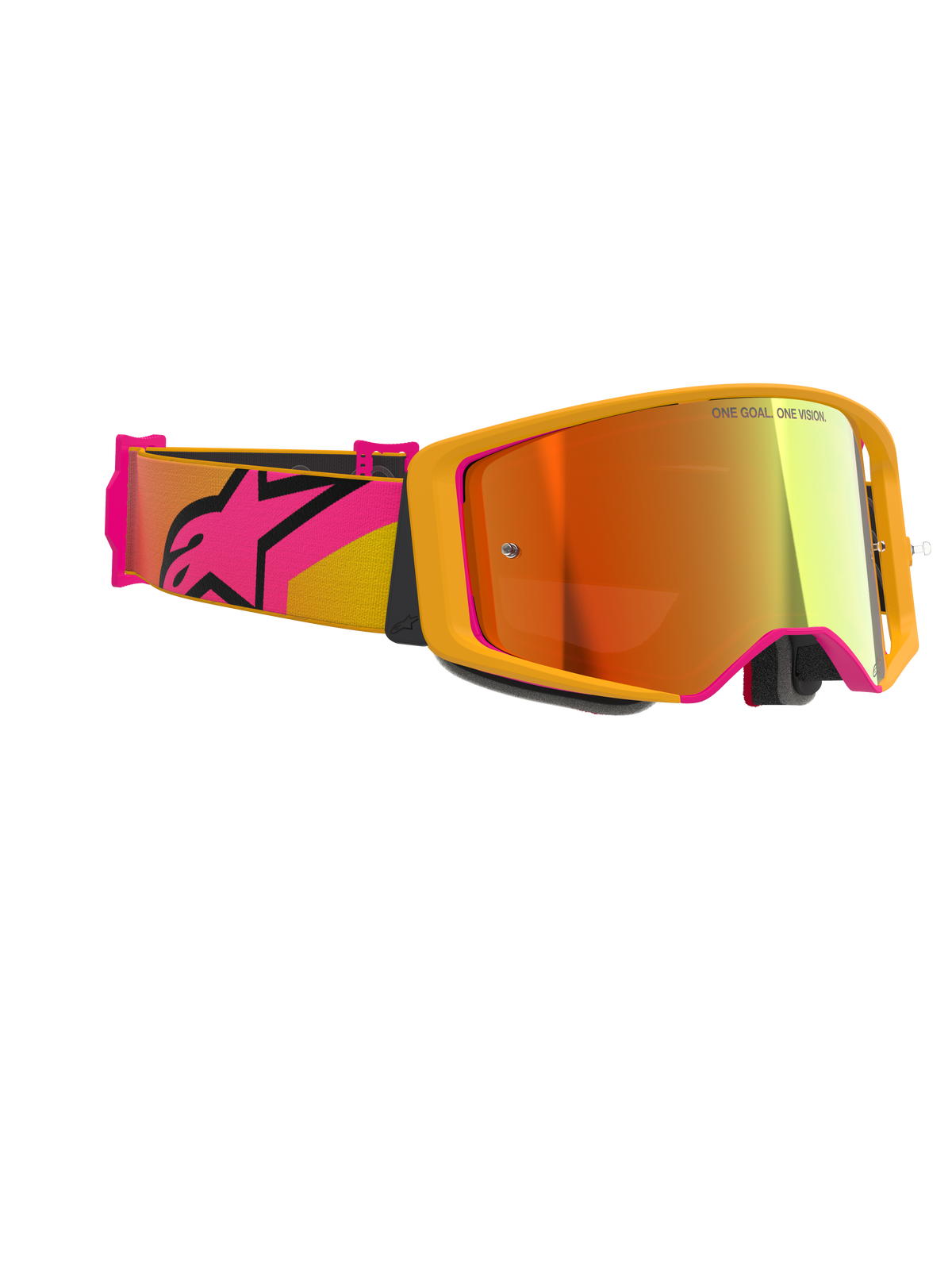 Alpinestars Supertech Corp Goggles Absolute Vision, óculos de motocross, amarelos com detalhes cor-de-rosa e lente espelhada vermelha, com uma correia larga cor-de-rosa e amarela com um logótipo Alpinestars grande, 'ONE GOAL. ONE VISION.' impresso na lente, óculos de corrida de alto desempenho para utilização em todo-o-terreno