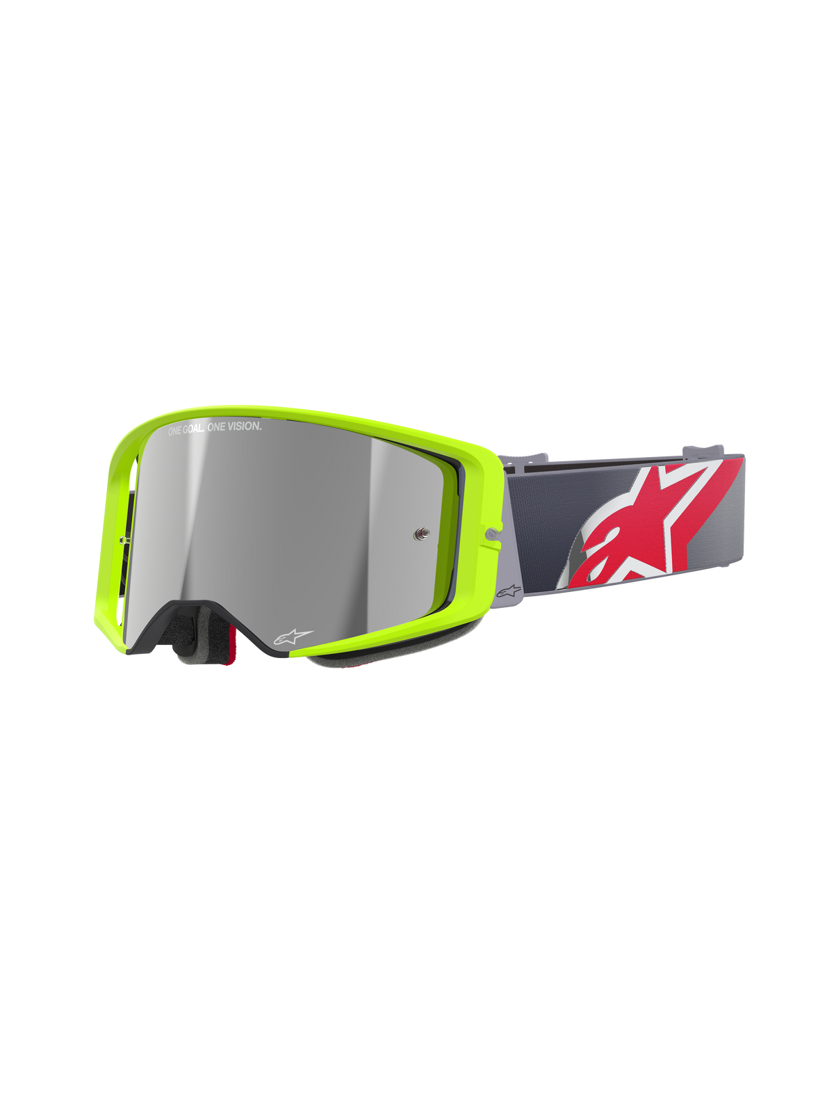 Alpinestars Supertech Corp Goggles Absolute Vision, óculos de proteção para motocross, armação em amarelo fluo com lente espelhada prateada, correia cinzenta com logótipo de estrela grande em vermelho e branco, com a marca 'ONE GOAL. ONE VISION.' na lente, design durável para corridas de todo-o-terreno