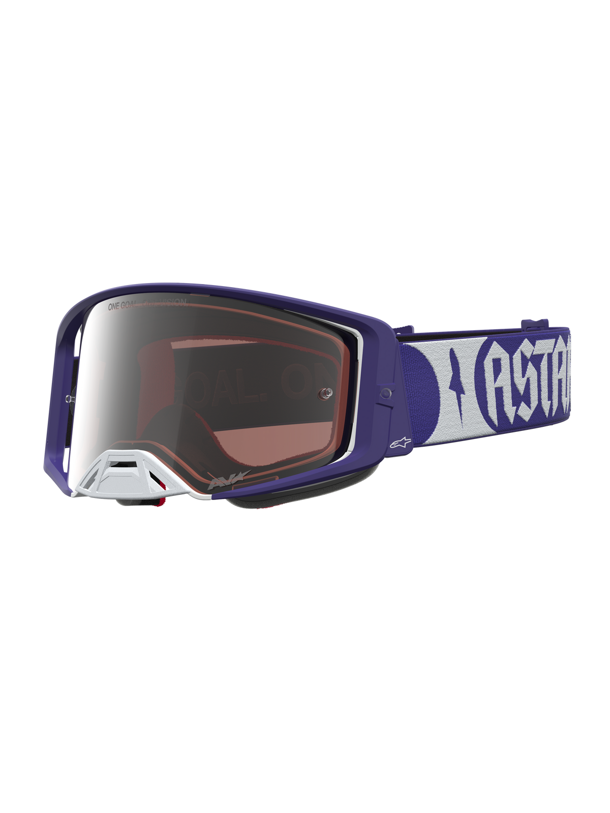 Alpinestars Óculos Supertech Atrox, óculos de motocross para corrida, azul-escuro e branco com lente prateada espelhada, alça elástica com logótipo Astars.