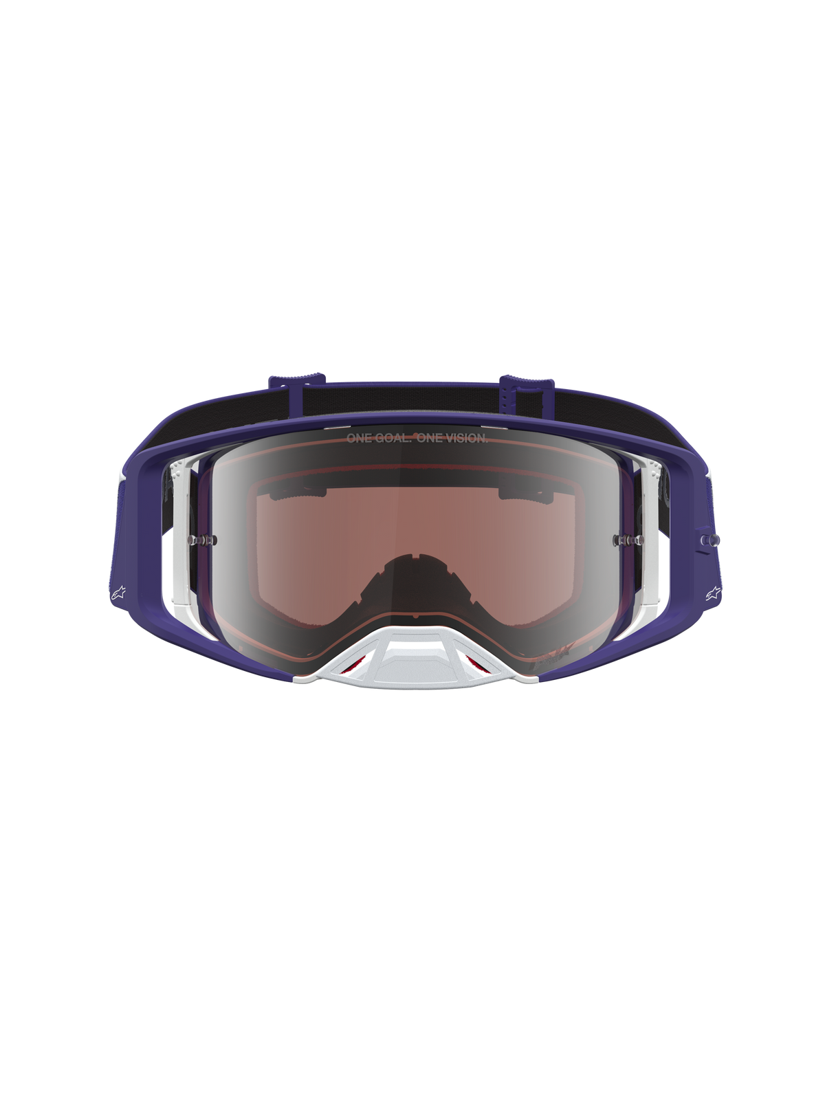 Alpinestars Óculos Supertech Atrox, óculos de motocross azul escuro e brancos com lente prateada espelhada, ótica de alta qualidade para competição.