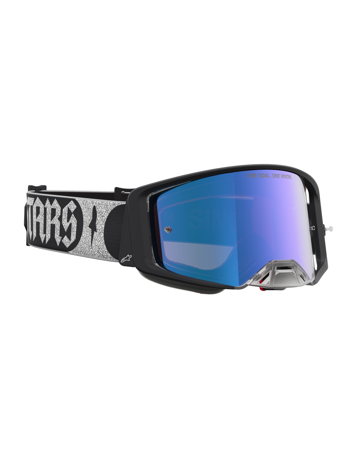 Alpinestars Supertech Atrox, óculos de motocross, pretos com lente azul espelhada e fita prateada ajustável com logótipo