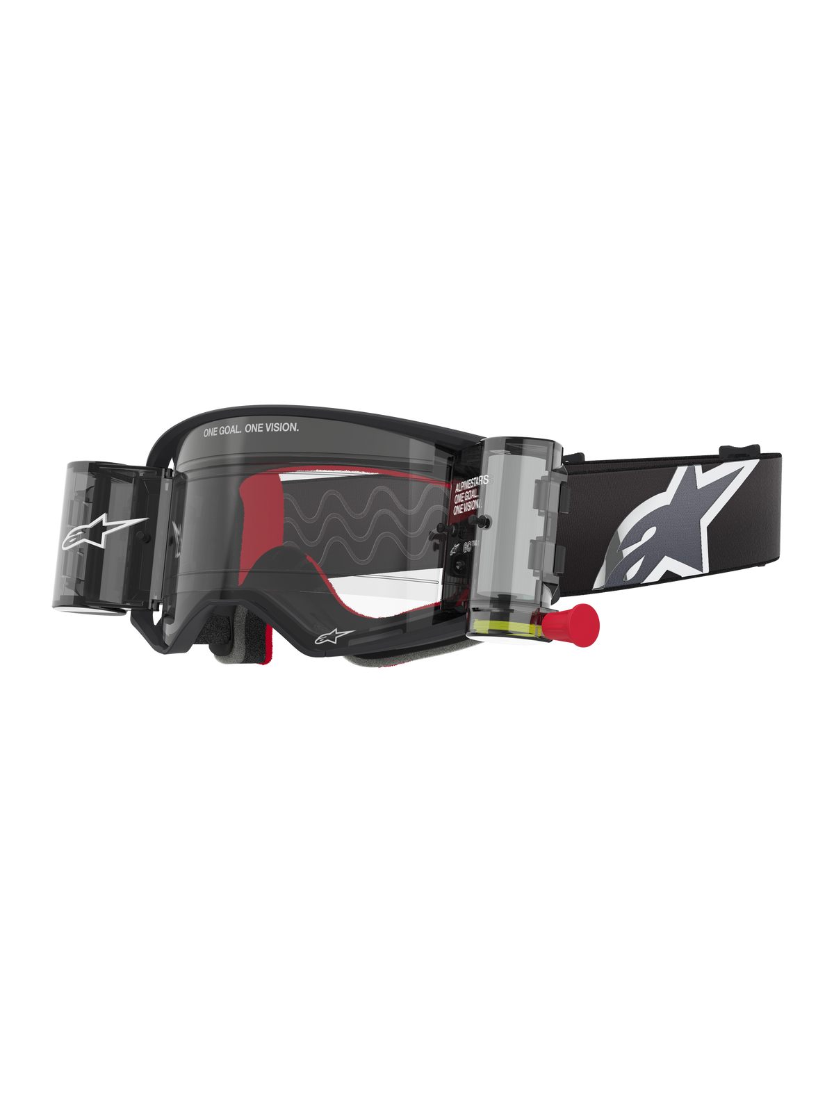 Alpinestars Supertech Corp Goggles Roll Off, Black frame with Clear lens, featuring a Wide Vision Roll-Off system and red pull tab, black strap with a large grey and white Alpinestars logo, technical motocross eyewear with "One Goal. One Vision." branding.
