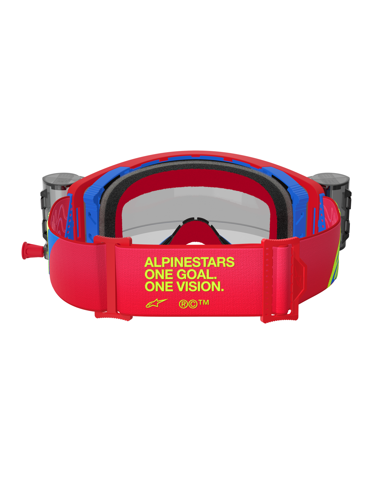 Óculos Alpinestars Supertech Corp, óculos de motocross vermelhos e azuis, vista traseira mostrando a correia ajustável vermelha com a marca amarela 'ALPINESTARS ONE GOAL. ONE VISION.', depósitos de roll-off integrados e espuma facial multicamada preta